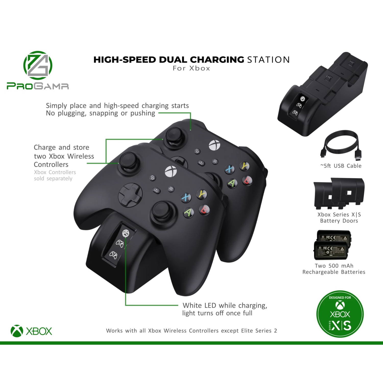 Produits ProGAMR Xbox double station de chargement avec 2 batteries supplémentaires pour manettes Xbox Series X/S + Elite [Accessoires Xbox Series