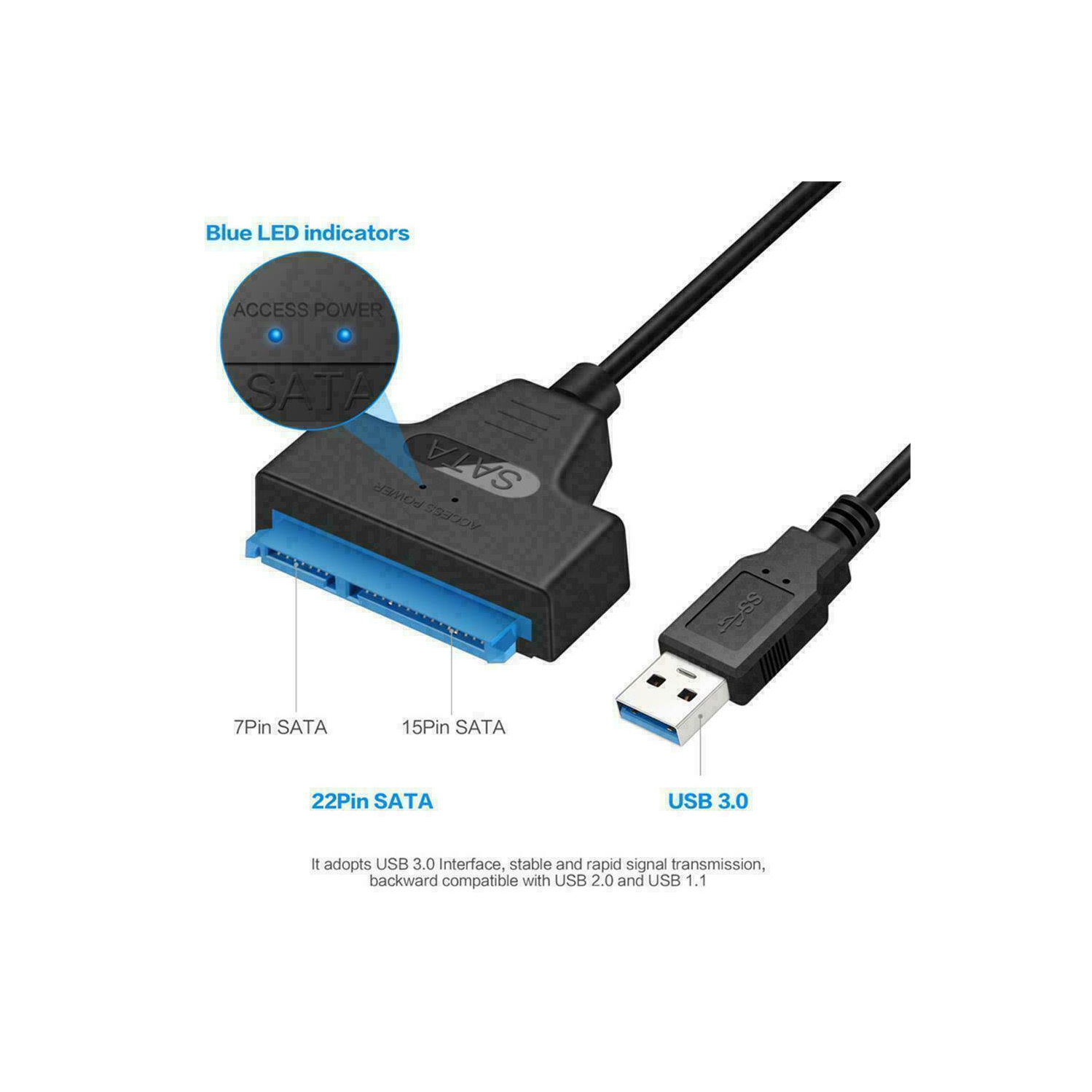 Adaptateur USB 3.0 à SATA 2.5 po pour disque dur; Câble adaptateur pour disque SSD; Câble UASP 22 broches