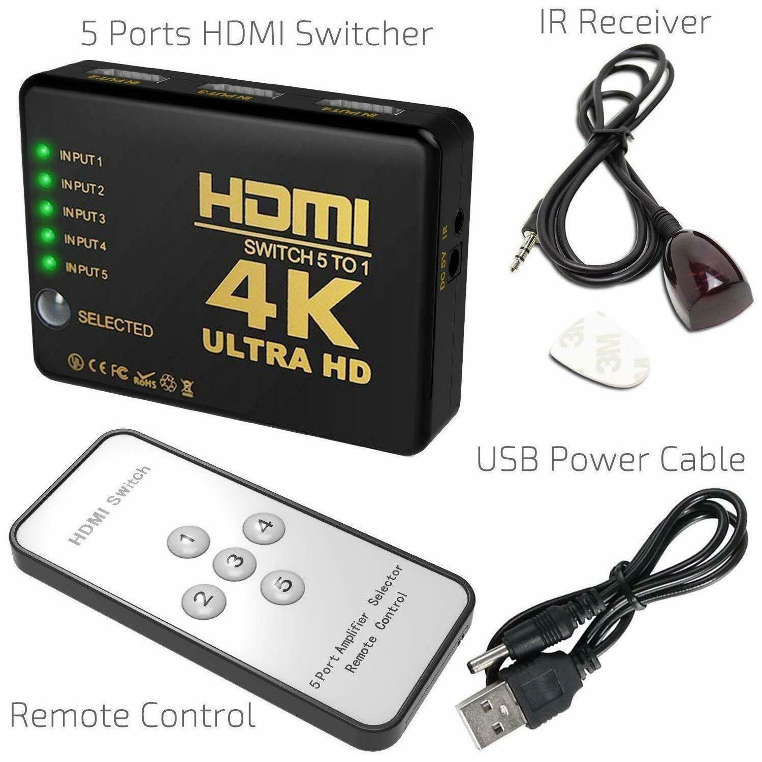 5 Port HDMI Switch Switcher Selector Connector Splitter Hub + Remote For HDTV