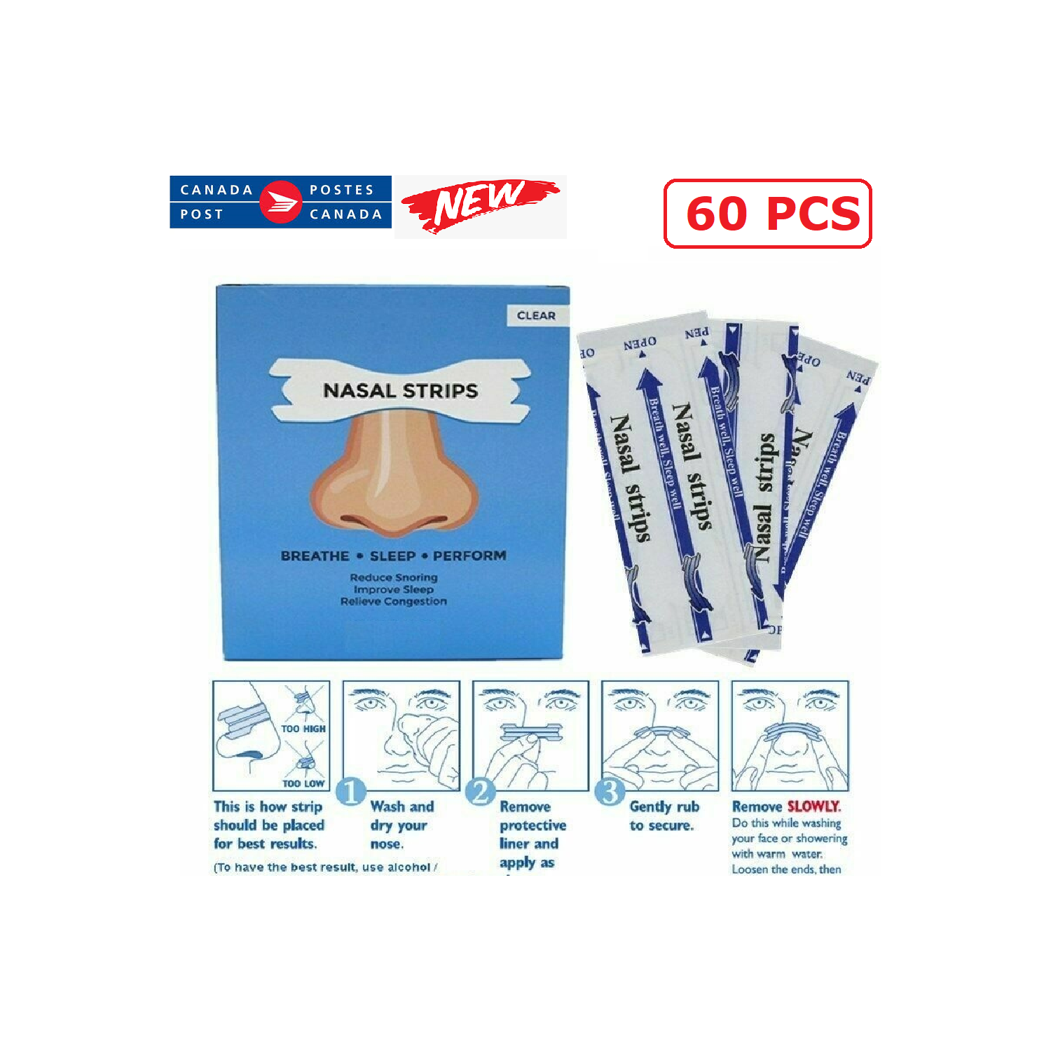 60 pièces nouvelles bandelettes nasales Breath Way Right Stop ronflements plus facile bandes transparentes nuit CA