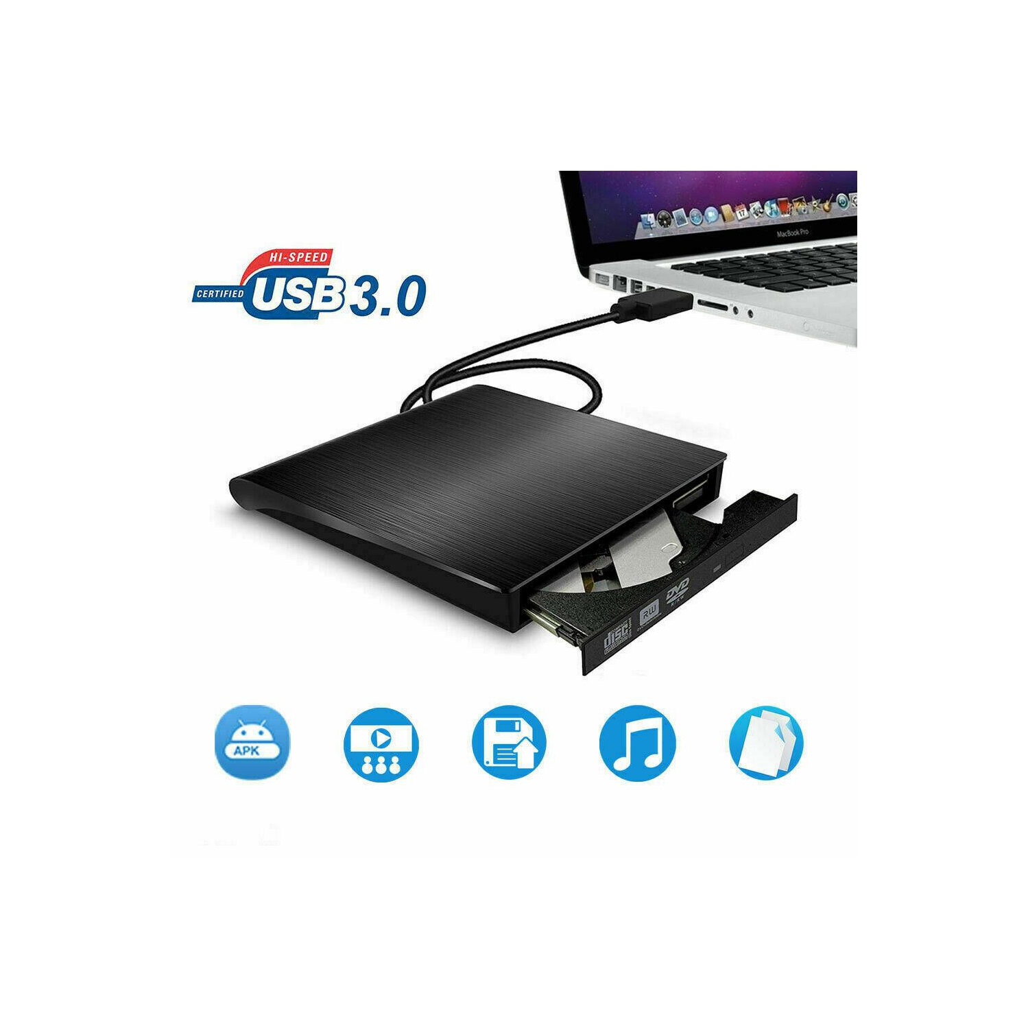 Slim External DVD RW CD Writer Drive USB 3.0 Burner Reader Player For Laptop PC