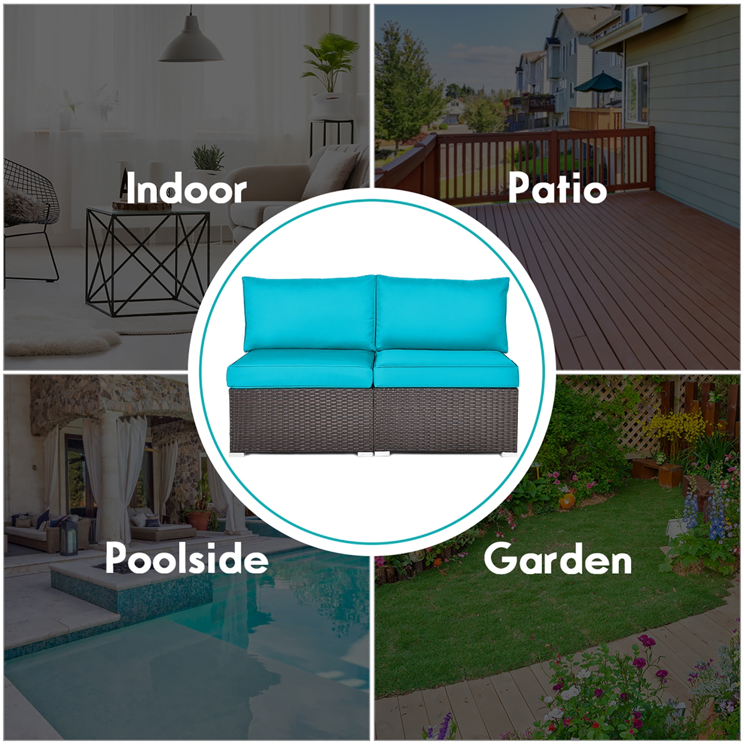 2PCS Patio Rattan Armless Sofa Sectional Conversation Furniture Set W/Cushion