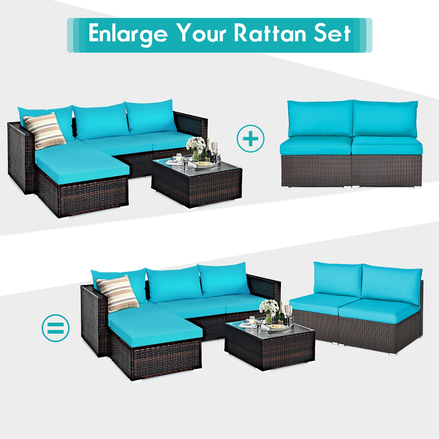 2PCS Patio Rattan Armless Sofa Sectional Conversation Furniture Set W/Cushion