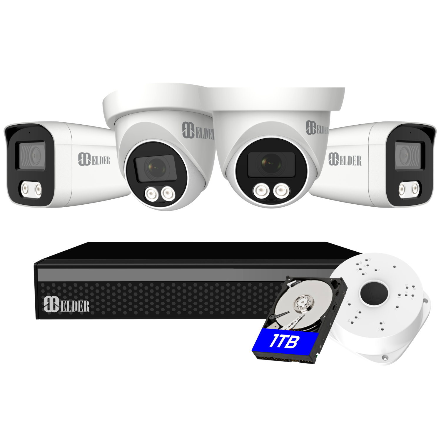 【2024 New】Elder 4K Security Camera System Spotlight, 4-Camera DVR Surveillance Kit Outdoor DIY Wired 1TB Audio Color Night Vision, Home Security Camera System