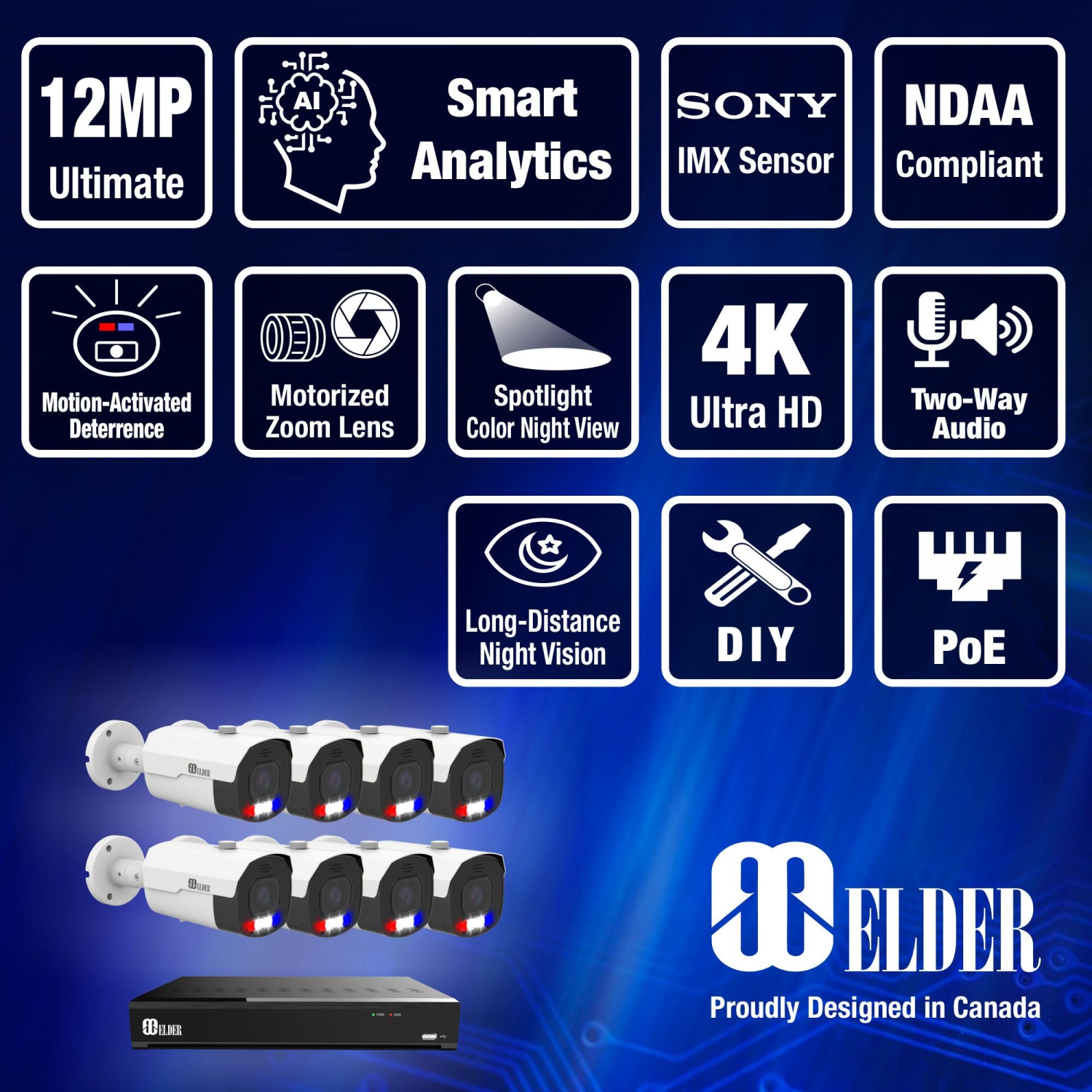 Elder AI Security Camera System Motorized 12MP NVR 8Ch PoE, 8-Camera 4K Dual-Light Outdoor 4TB, Long-Range Night Vision, Sony Sensor & NDAA, Full