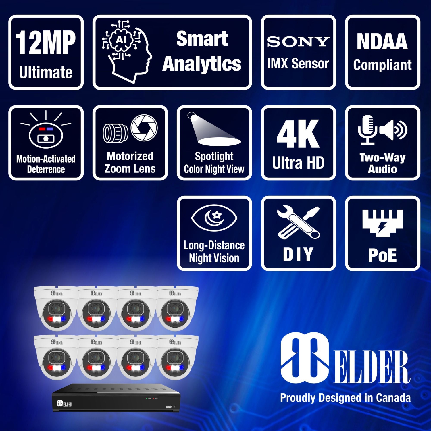 Elder AI Security Camera System Motorized 12MP NVR 8Ch PoE, 8-Camera 4K Dual-Light Outdoor 4TB, Sony Sensor & NDAA, Long-Range Night Vision, Full