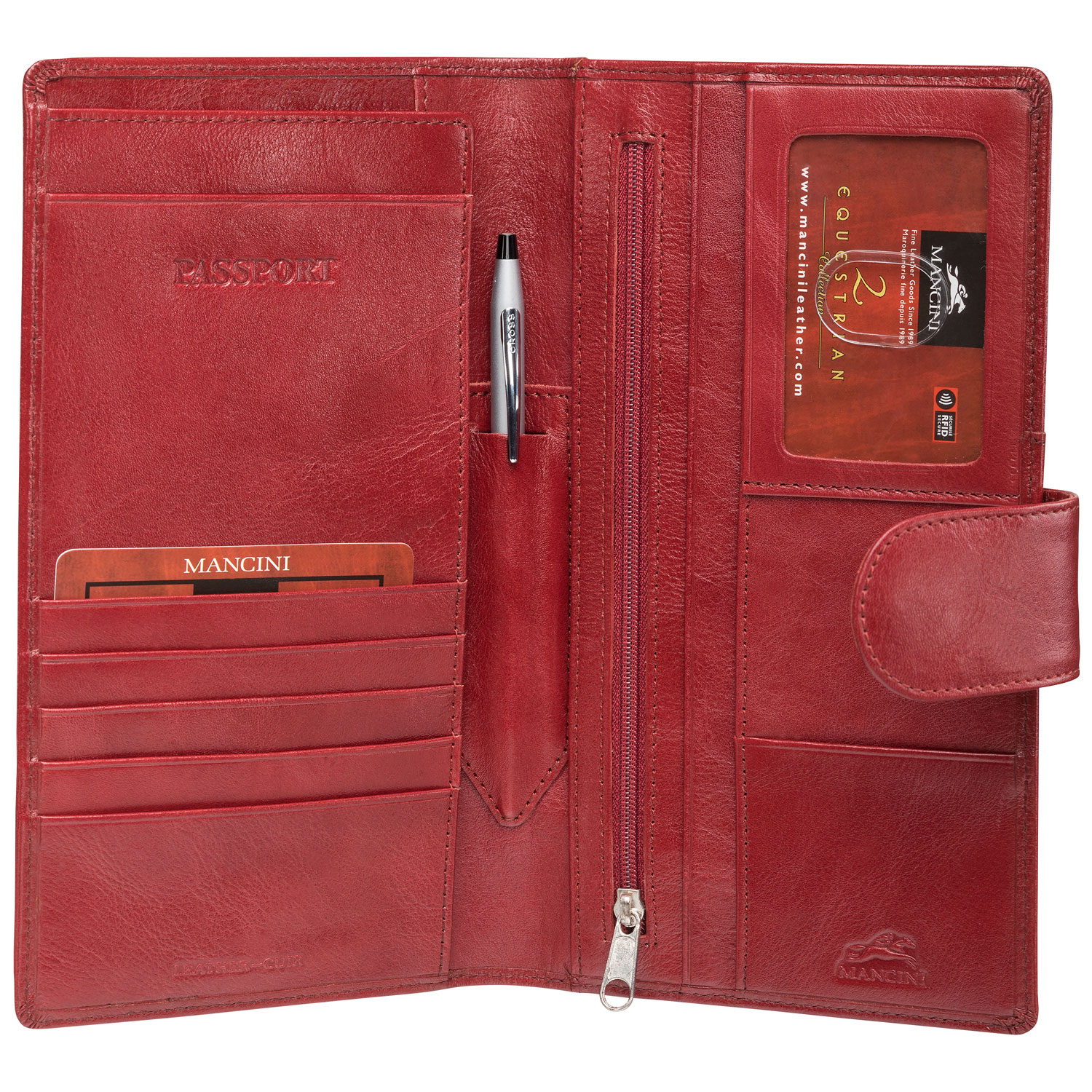 Portefeuille de voyage RFID à deux volets en cuir véritable Equestrian2 de Mancini - Rouge