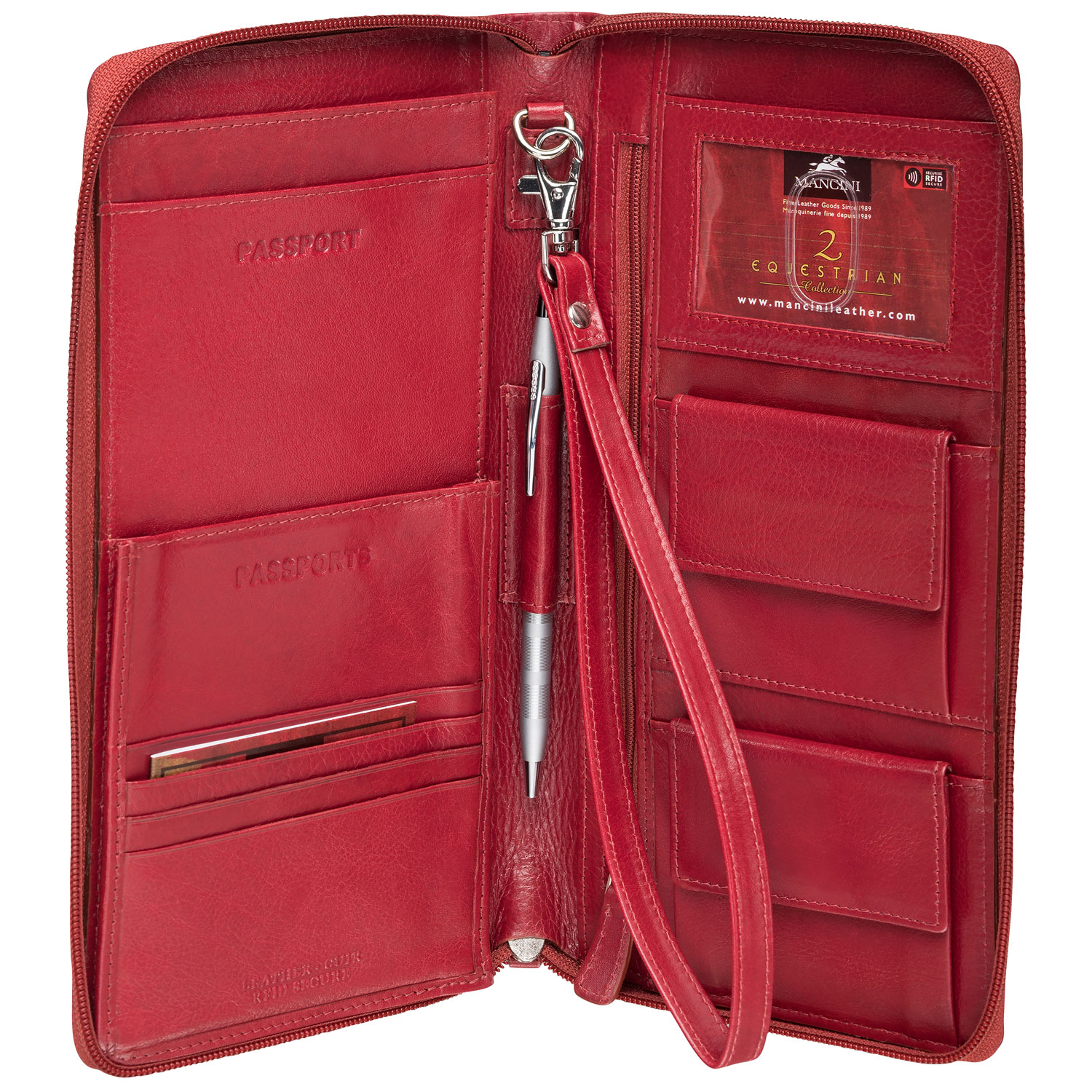 Portefeuille voyage RFID 2 volets cuir véritable fermeture à glissière Equestrian2 de Mancini-Rouge