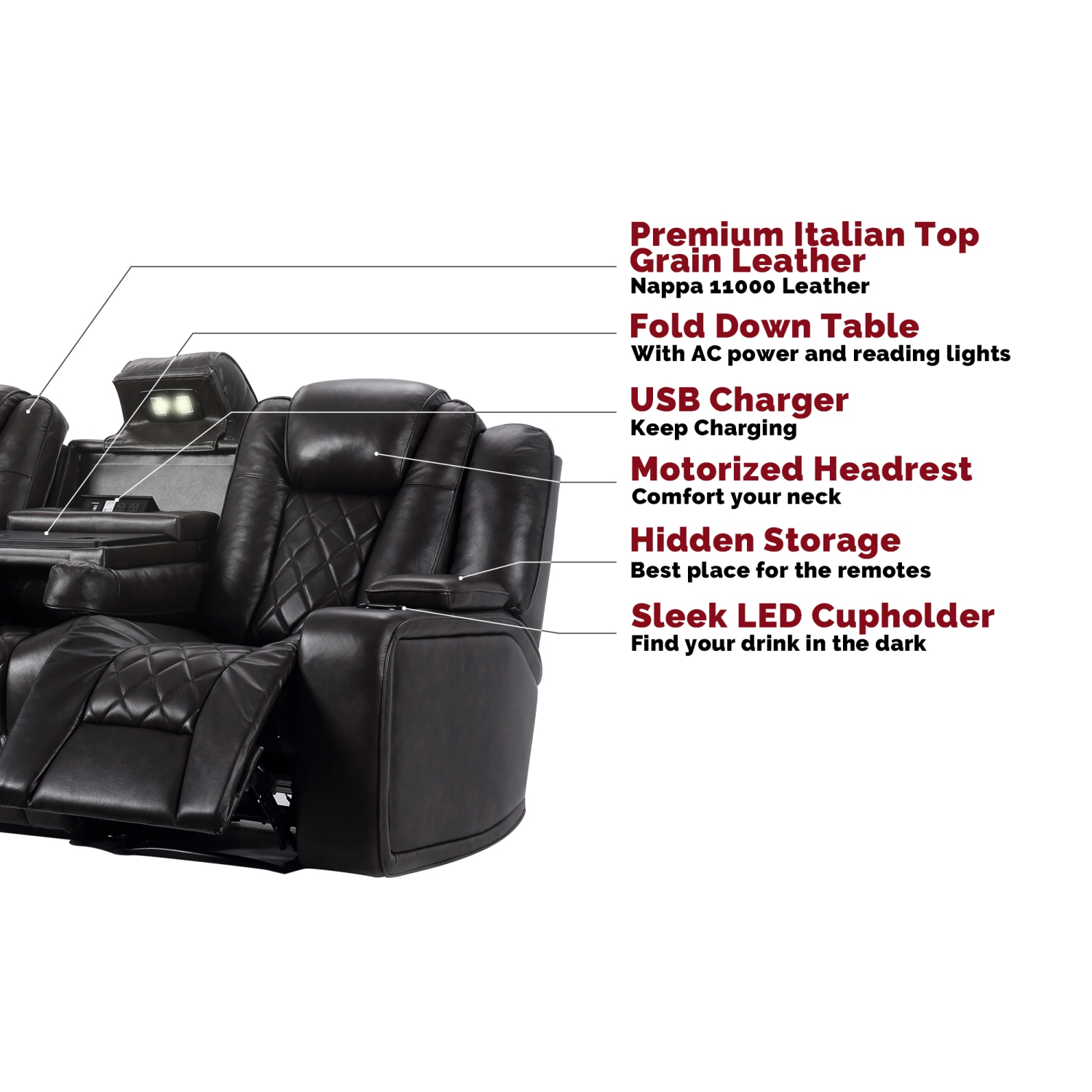 11000 3 sièges en cuir nappa italien pleine fleur avec console centrale rabattable Oxford de Valencia