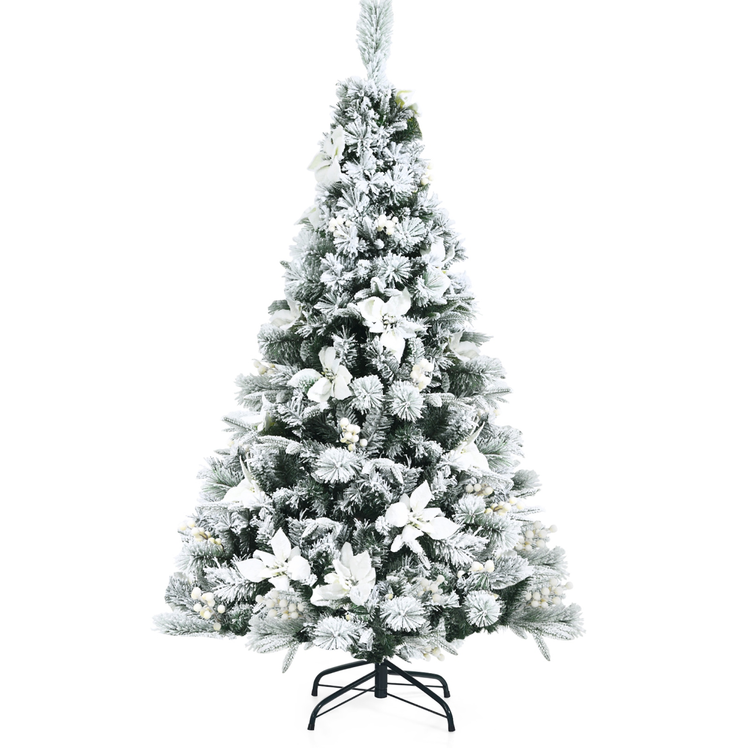 Costway 5ft Snow Flocked Hinged Christmas Tree w/ Berries & Poinsettia Flowers