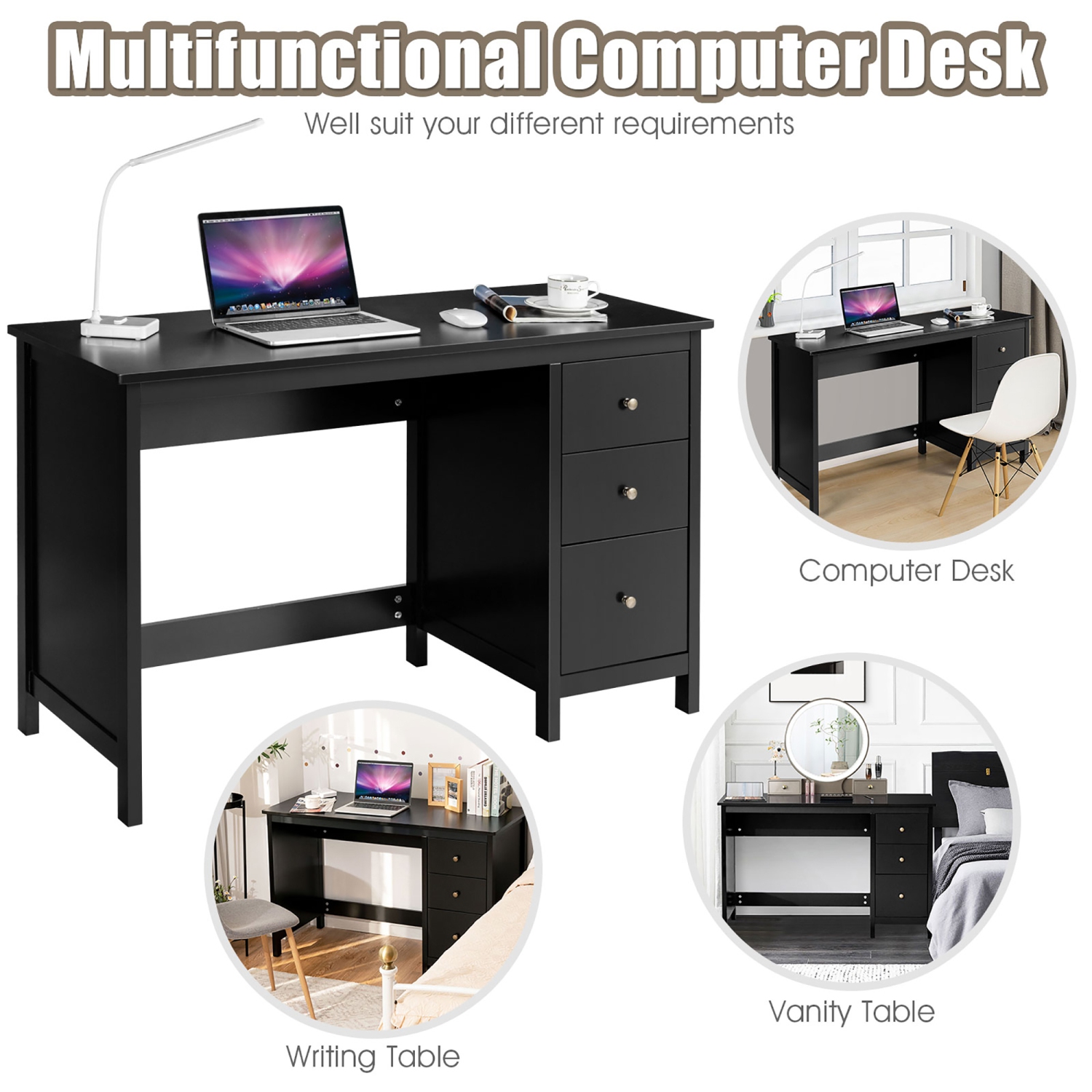 Costway Computer Desk Study Writing Desk Home Office Workstation with 3 Drawers