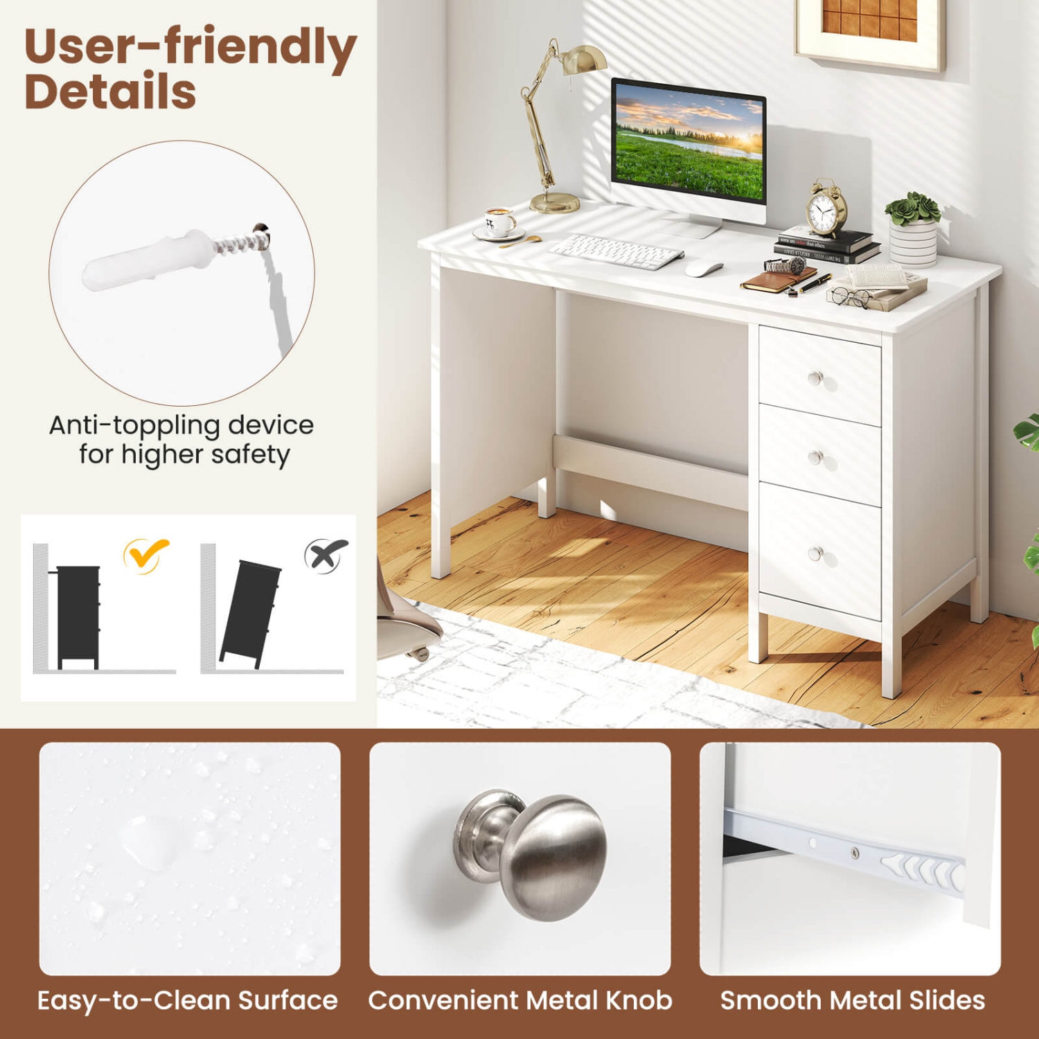 Costway Computer Desk Study Writing Desk Home Office Workstation with 3 Drawers