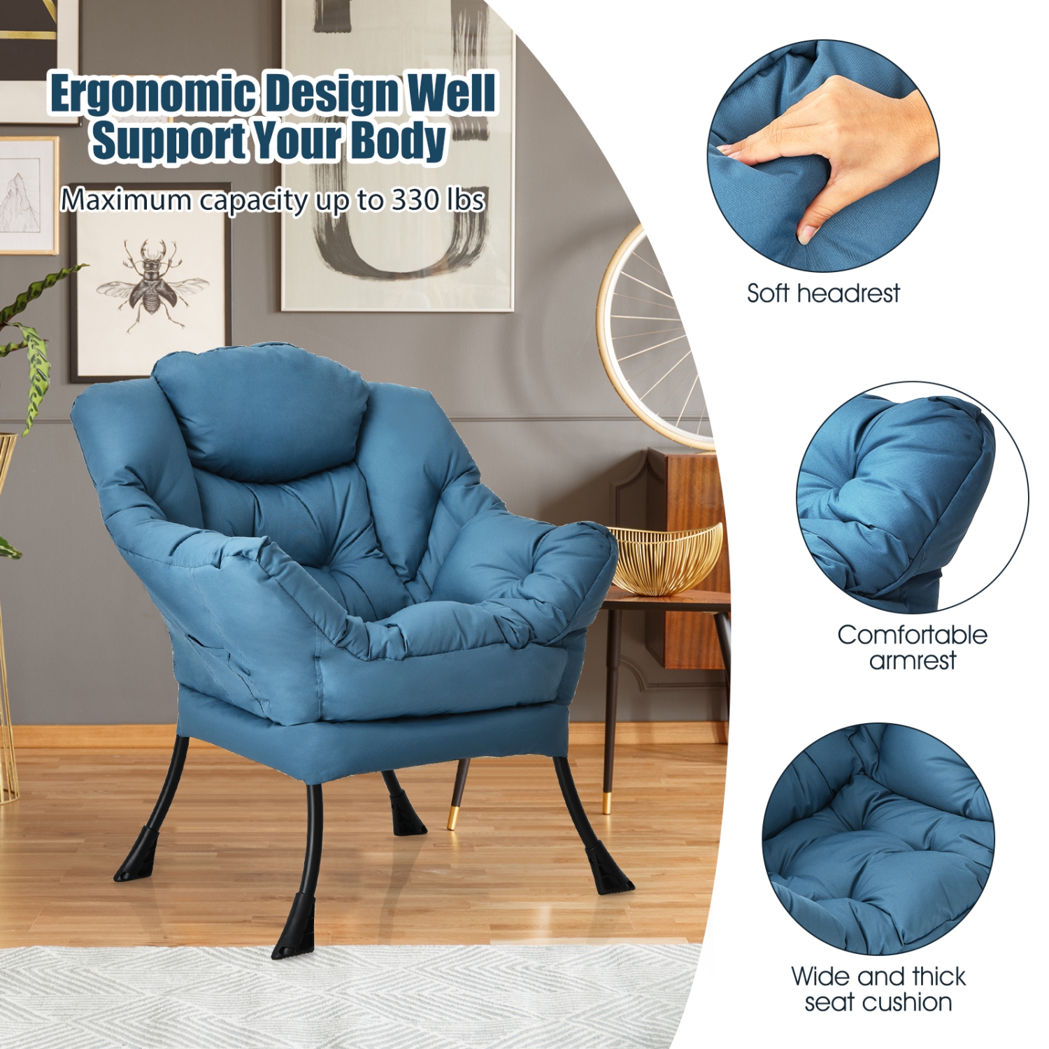 Costway Modern Polyester Fabric Lazy Chair Single Sofa Chair w/ Side Pocket Navy\Beige\Grey