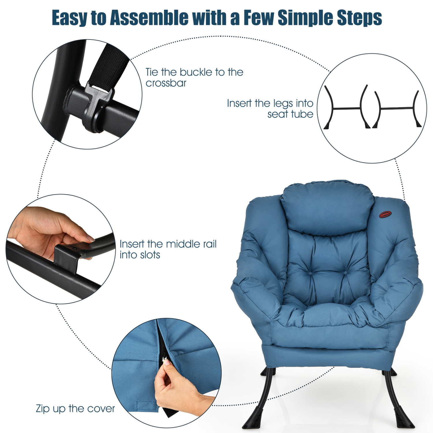 Costway Modern Polyester Fabric Lazy Chair Single Sofa Chair w/ Side Pocket Navy\Beige\Grey