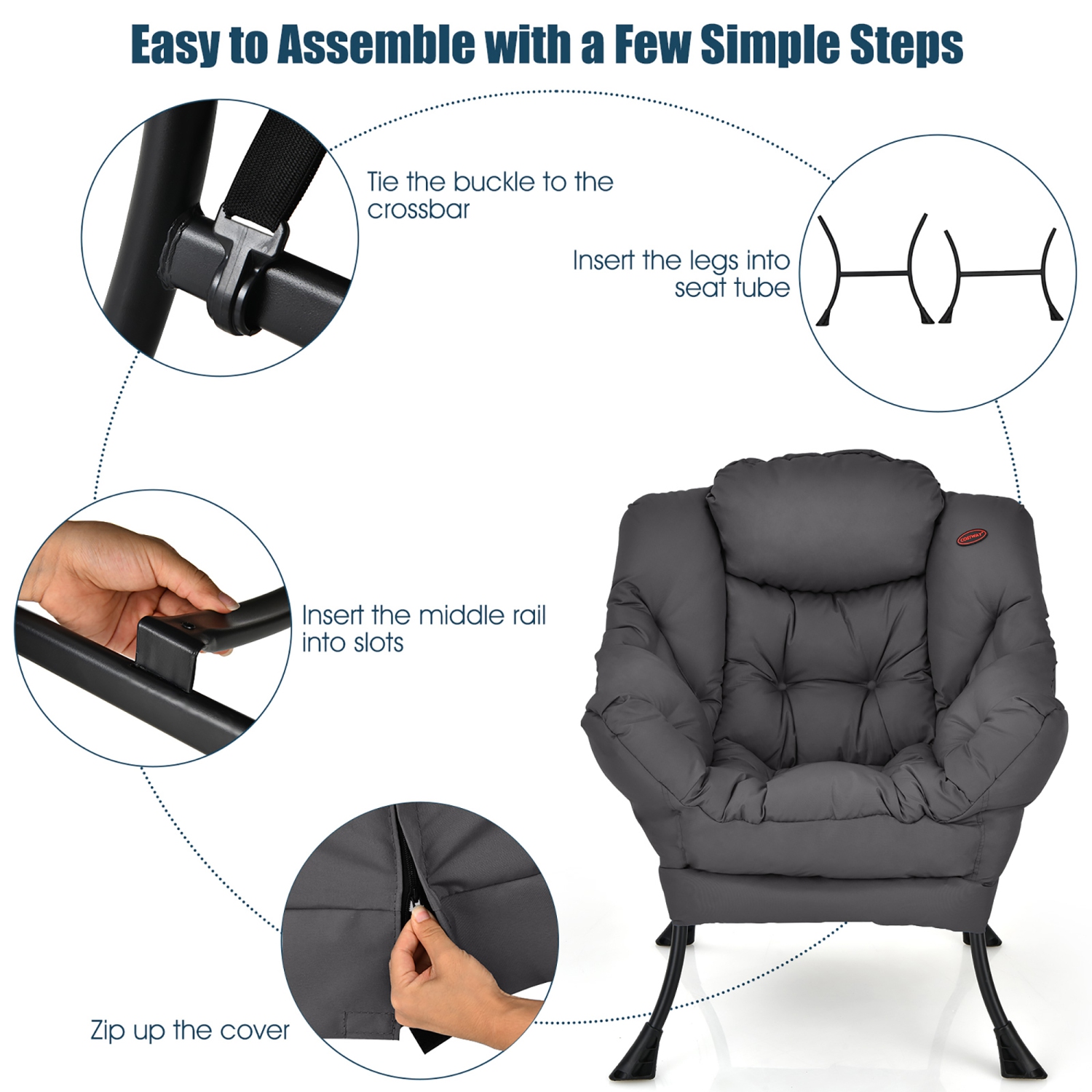 Costway Modern Polyester Fabric Lazy Chair Single Sofa Chair w/ Side Pocket