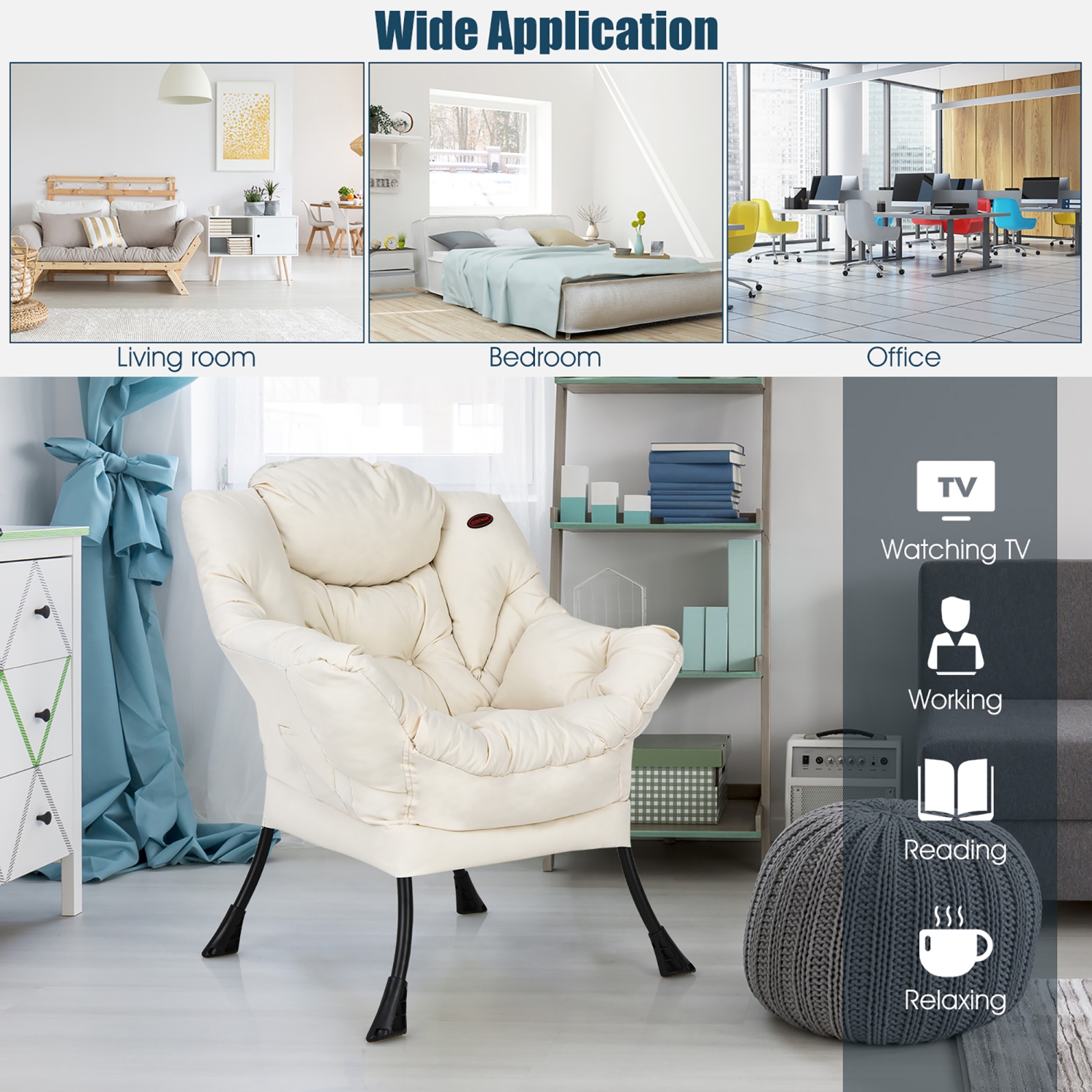 Costway Modern Polyester Fabric Lazy Chair Single Sofa Chair w/ Side Pocket Navy\Beige\Grey