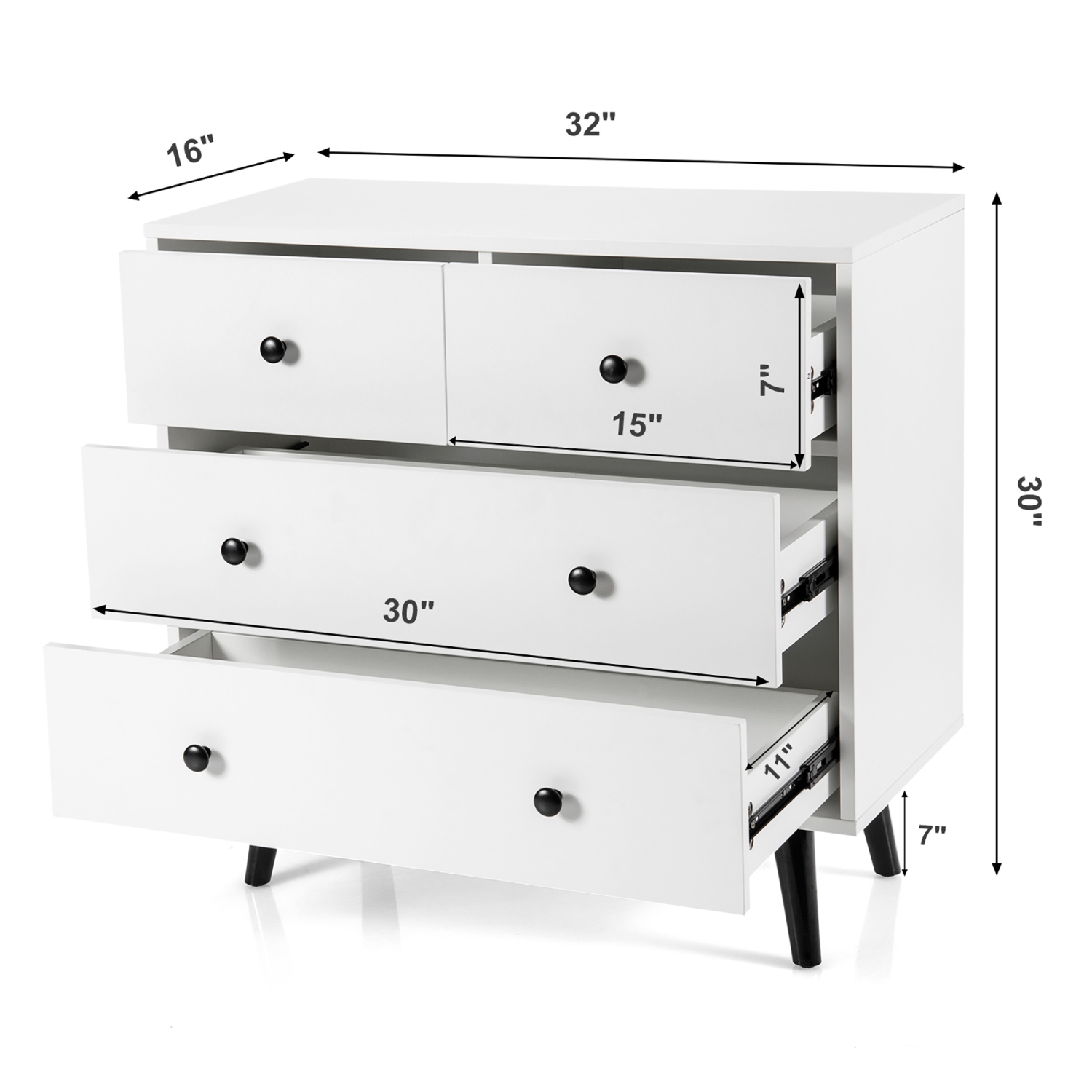 Commode 4 tiroirs COSTWAY, commode sur pied, blanche