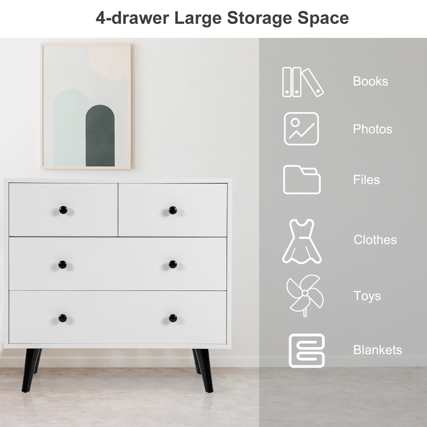 Commode 4 tiroirs COSTWAY, commode sur pied, blanche