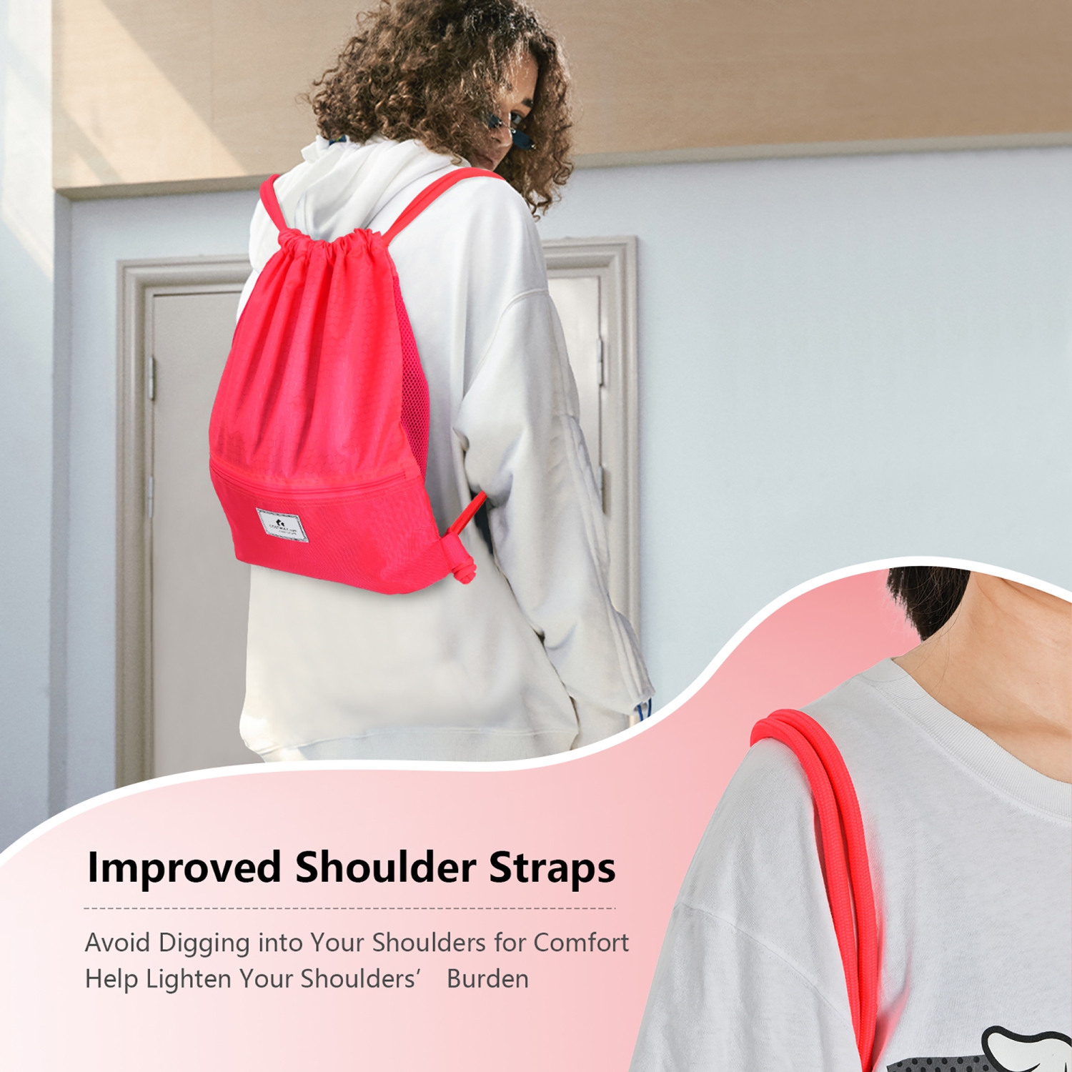 Costway Drawstring Backpack String Bag Folding Sports Sack w/Zipper Pocket