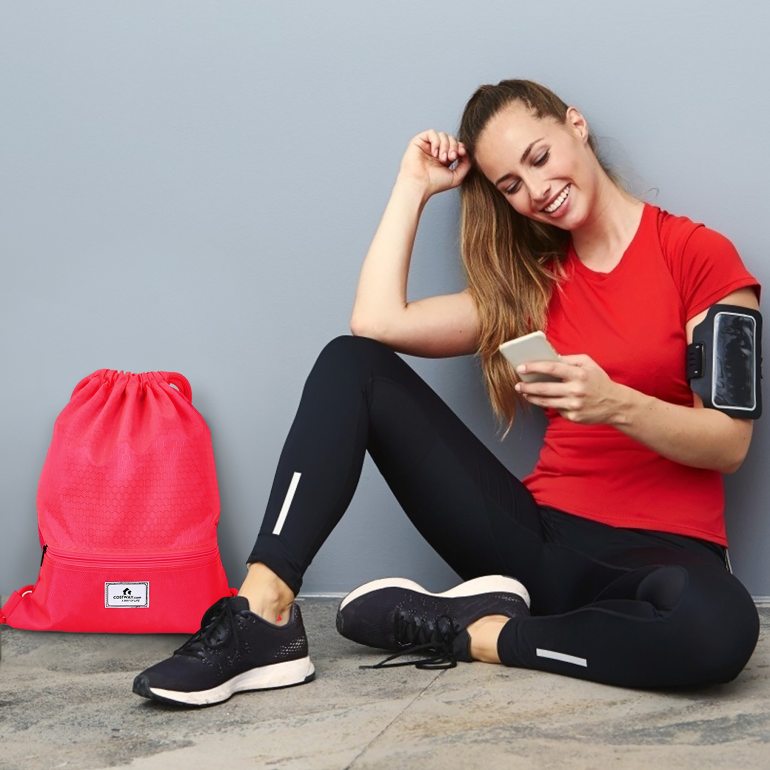 Costway Drawstring Backpack String Bag Folding Sports Sack w/Zipper Pocket