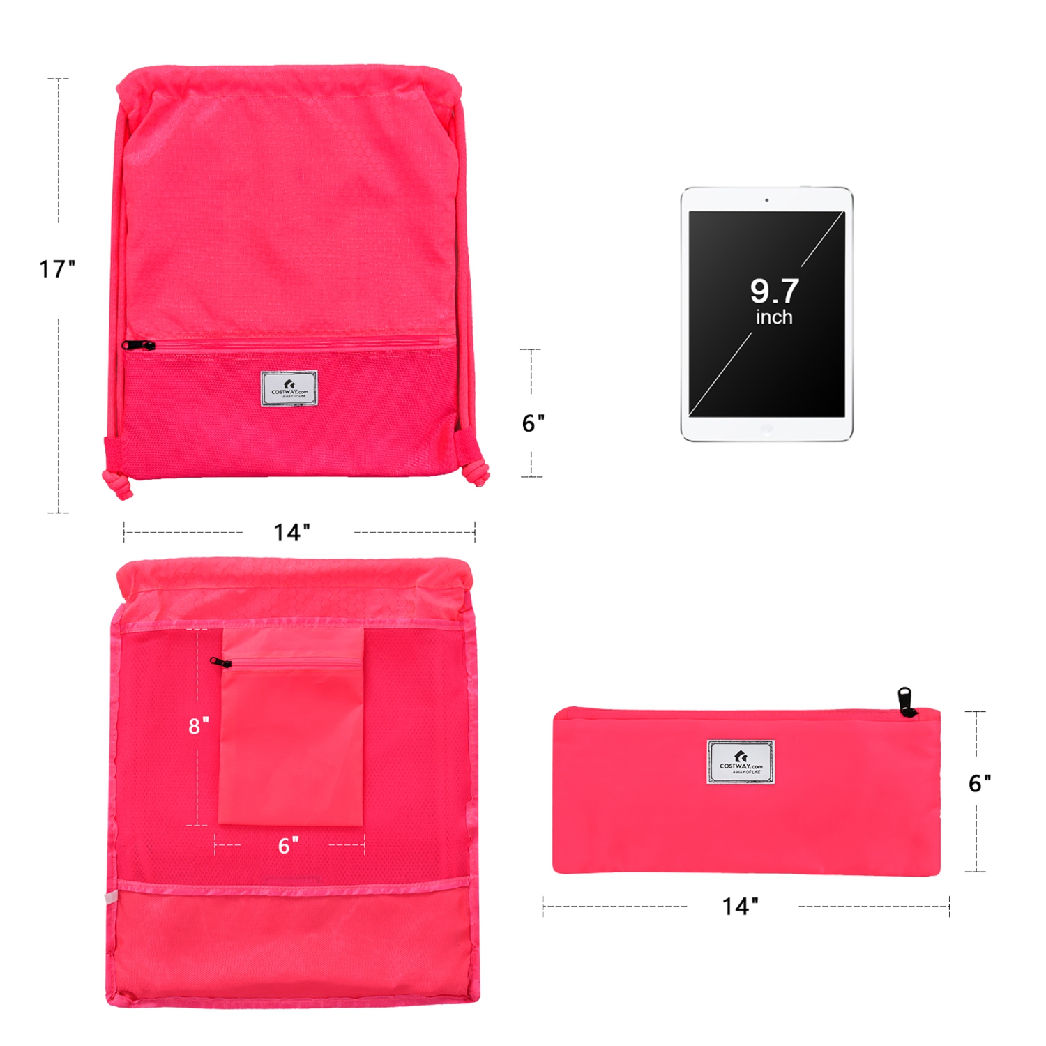 Costway Drawstring Backpack String Bag Folding Sports Sack w/Zipper Pocket