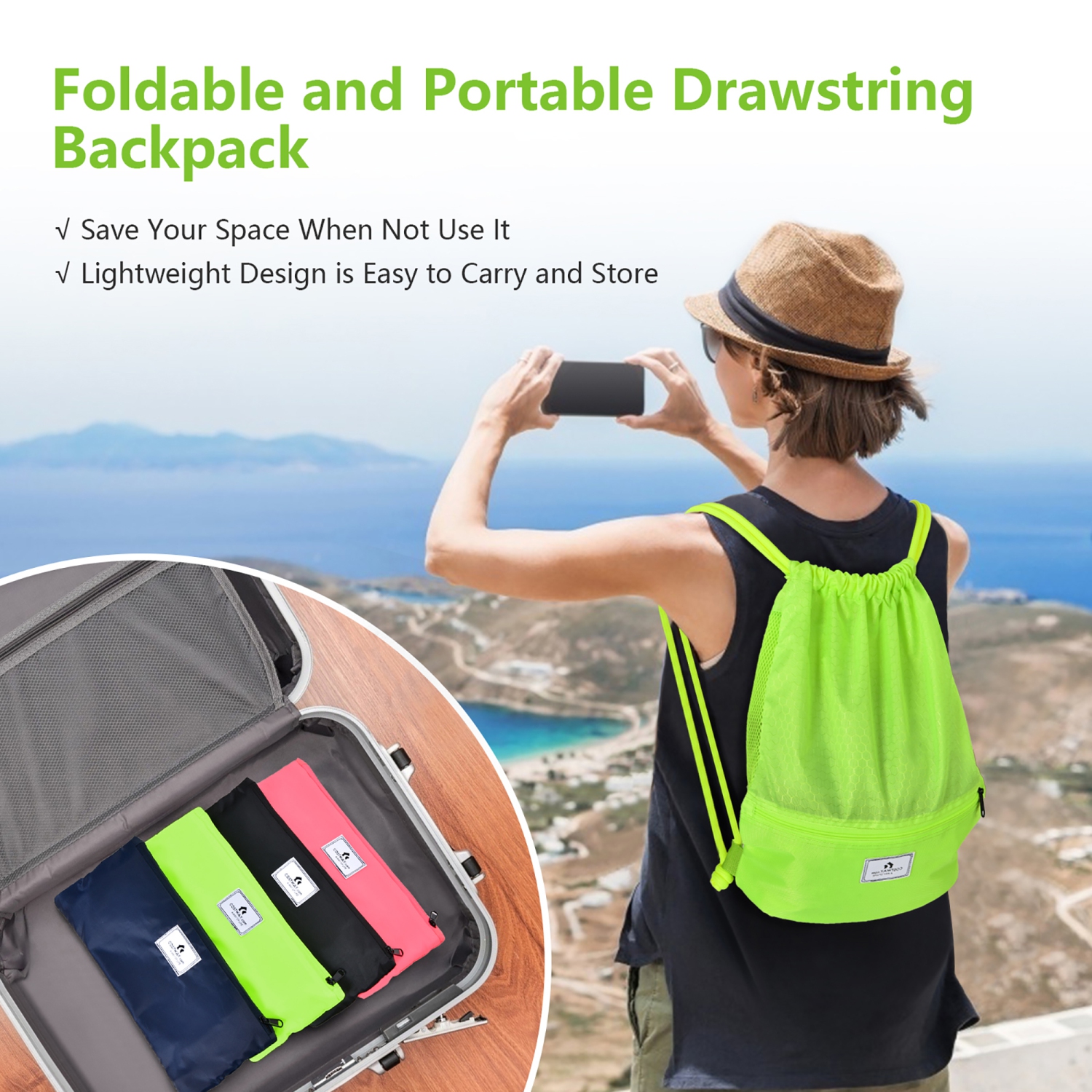 Costway Drawstring Backpack String Bag Folding Sports Sack w/Zipper Pocket