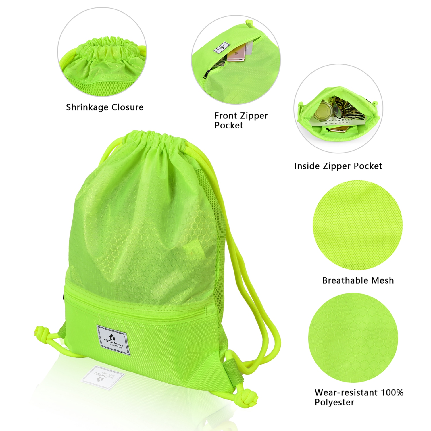 Costway Drawstring Backpack String Bag Folding Sports Sack w/Zipper Pocket