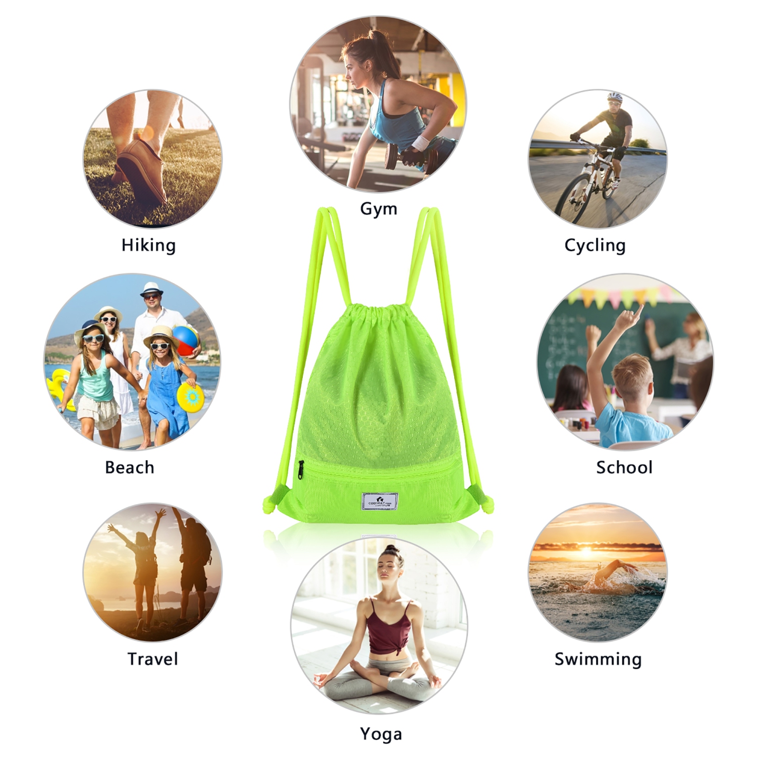 Costway Drawstring Backpack String Bag Folding Sports Sack w/Zipper Pocket