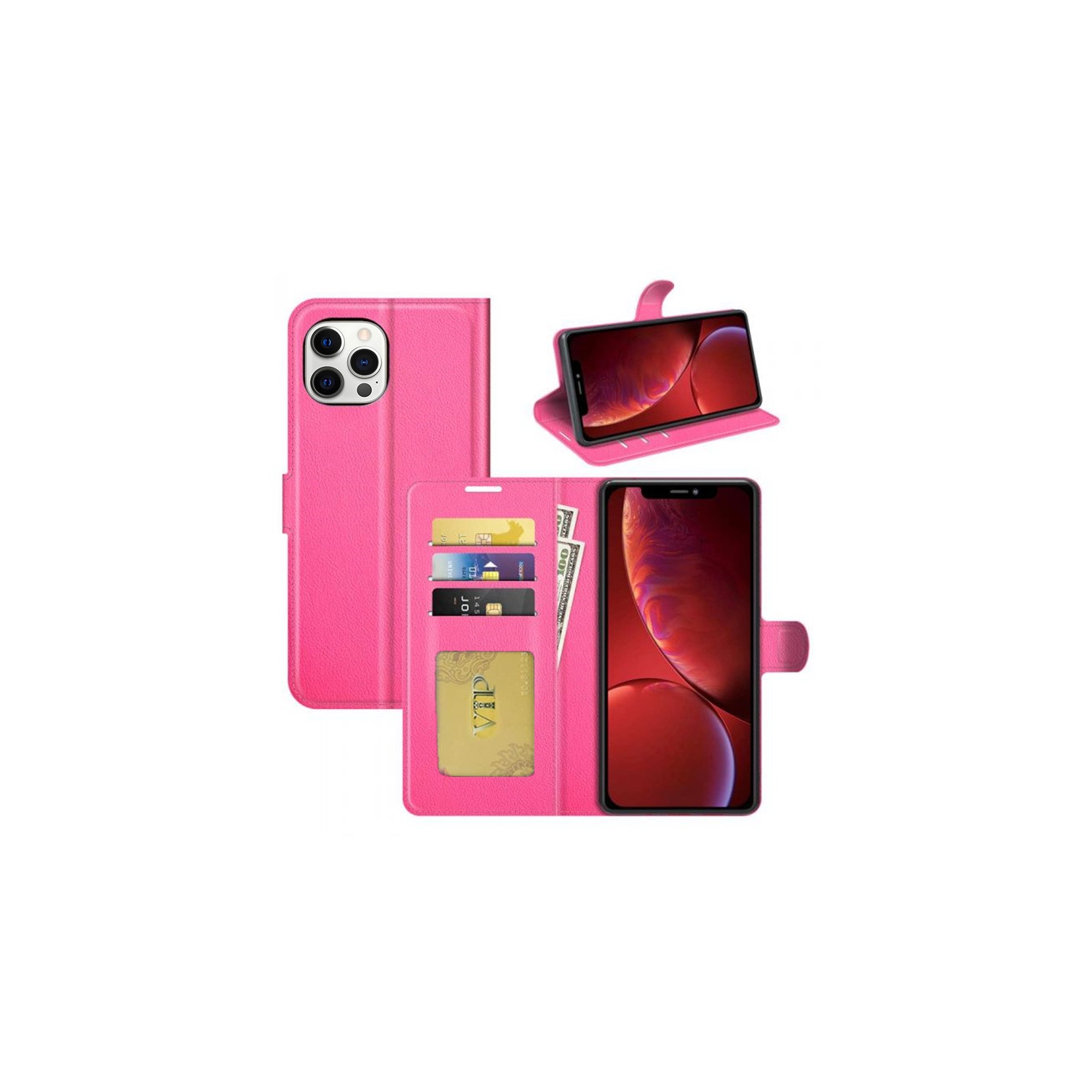 【CSmart】 Magnetic Card Slot Leather Folio Wallet Flip Case Cover for iPhone 13 Pro Max (6.7"), Hot Pink
