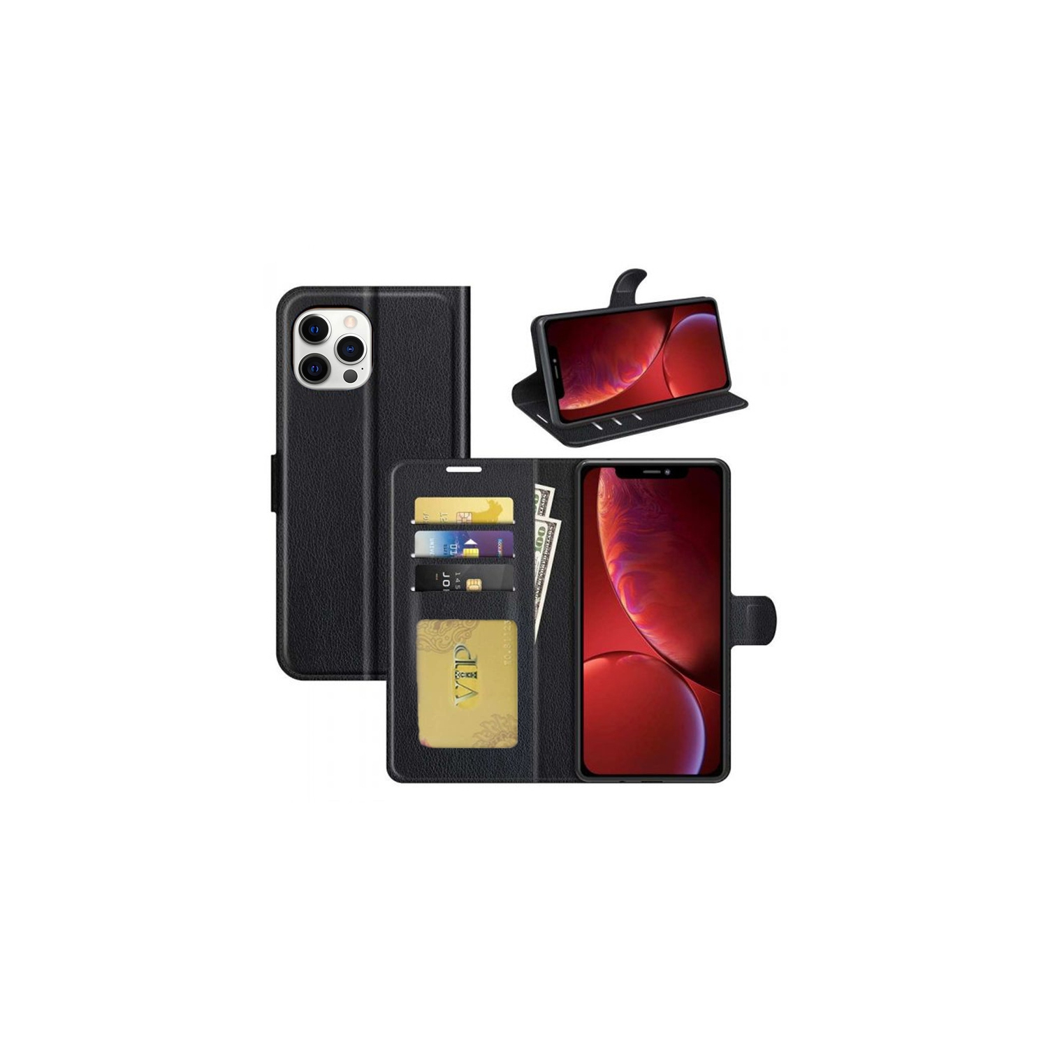 [CS] iPhone 13 Pro Case, Magnetic Leather Folio Wallet Flip Case Cover with Card Slot, Black