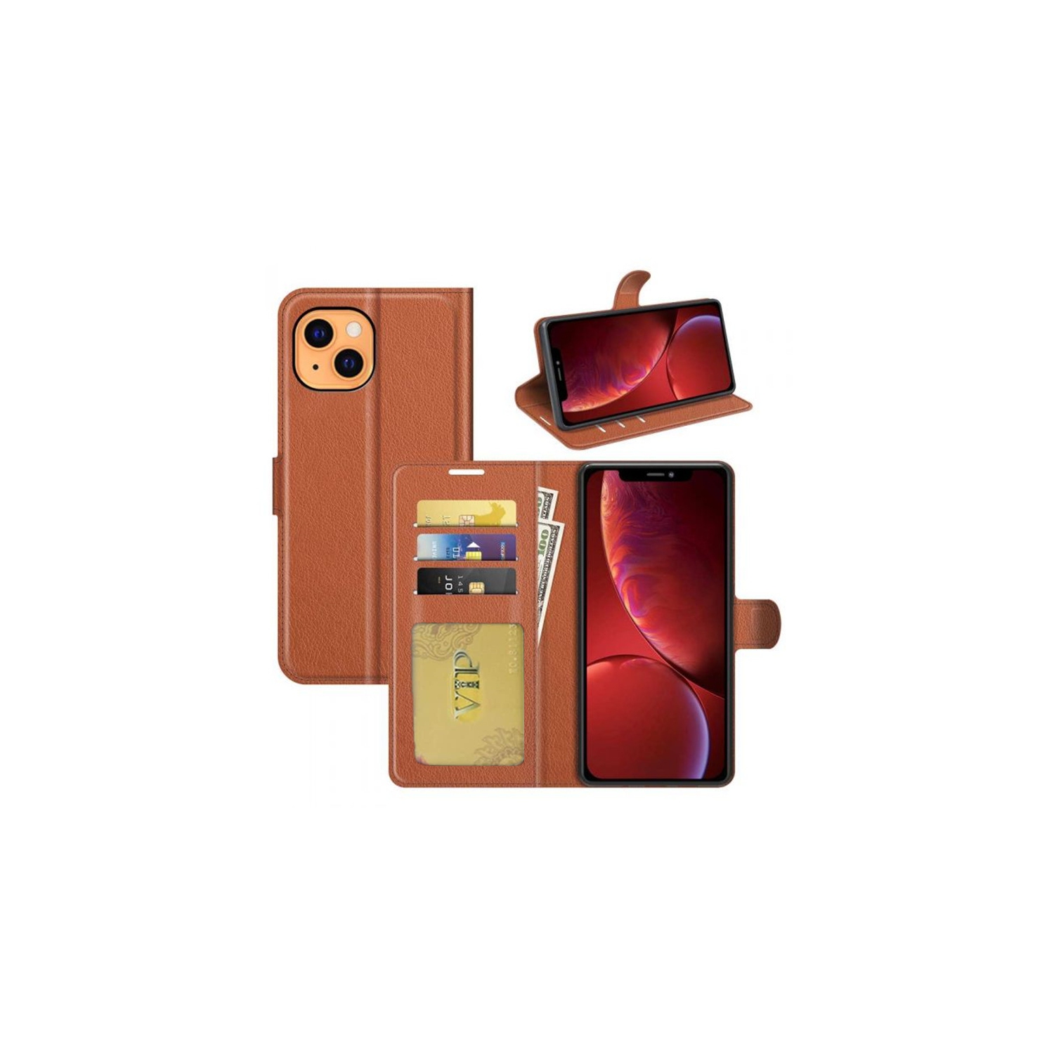 [CS] iPhone 13 Mini Case, Magnetic Leather Folio Wallet Flip Case Cover with Card Slot, Brown