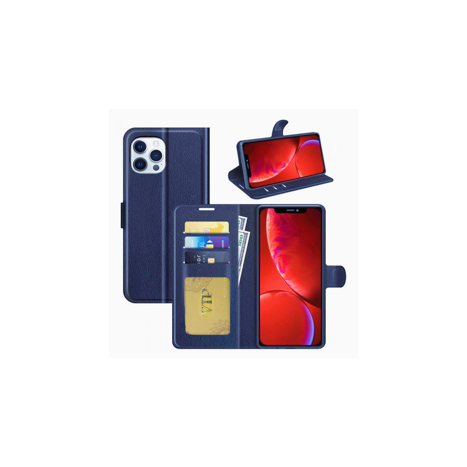 [CS] iPhone 13 Pro Case, Magnetic Leather Folio Wallet Flip Case Cover with Card Slot, Navy