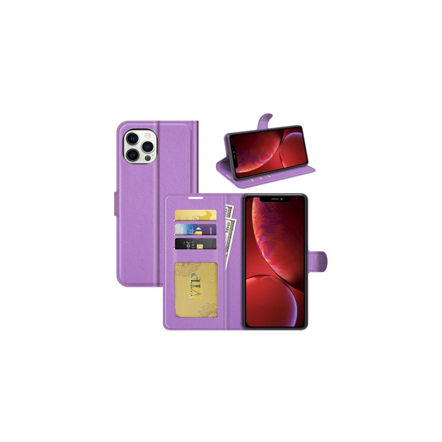 [CS] iPhone 13 Pro Case, Magnetic Leather Folio Wallet Flip Case Cover with Card Slot, Purple
