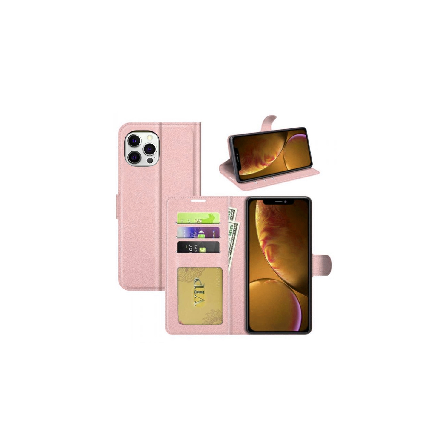 [CS] iPhone 13 Pro Case, Magnetic Leather Folio Wallet Flip Case Cover with Card Slot, Rose Gold