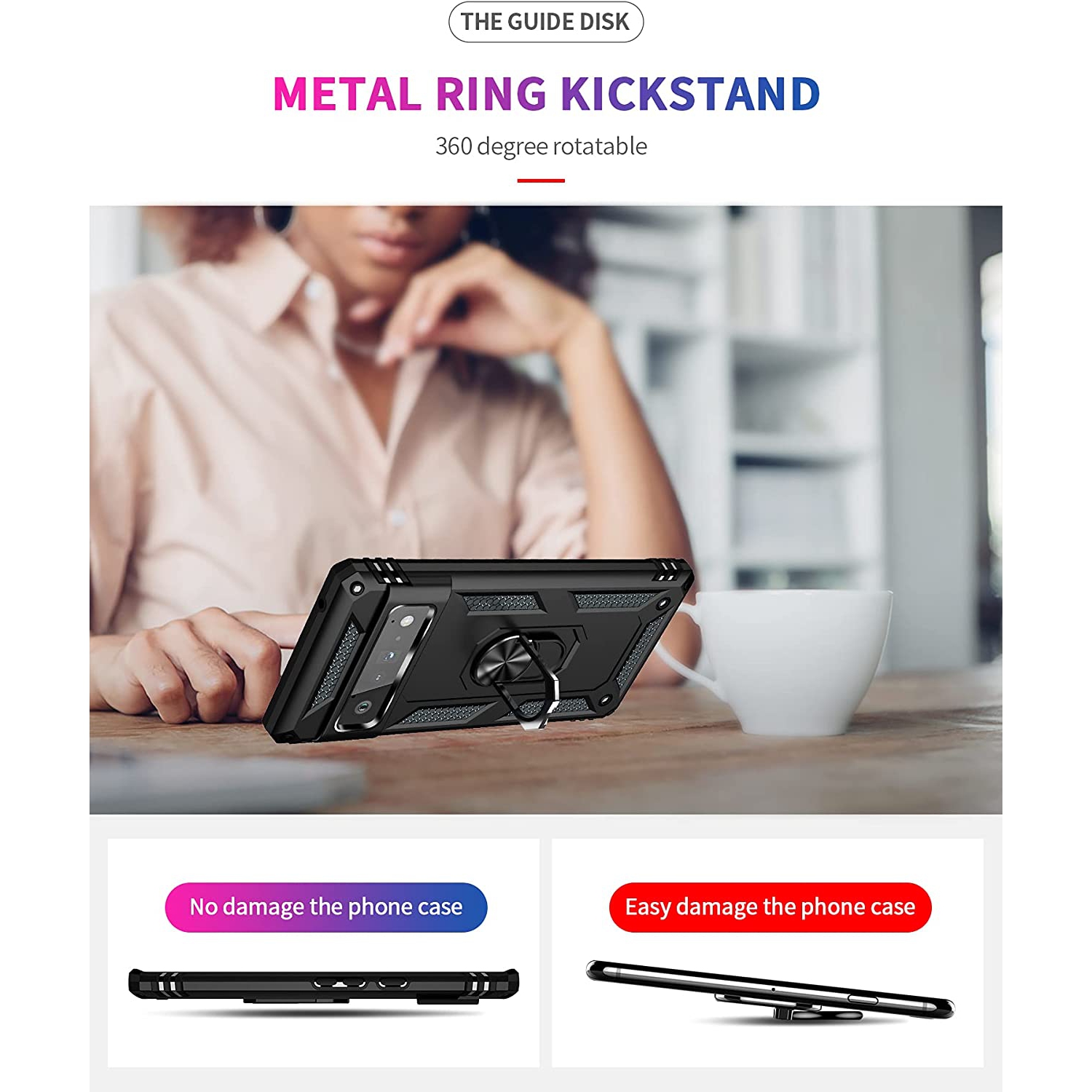 【CSmart】 Anti-Drop Hybrid Magnetic Hard Armor Case with Ring Holder for Pixel 6 2021, Black