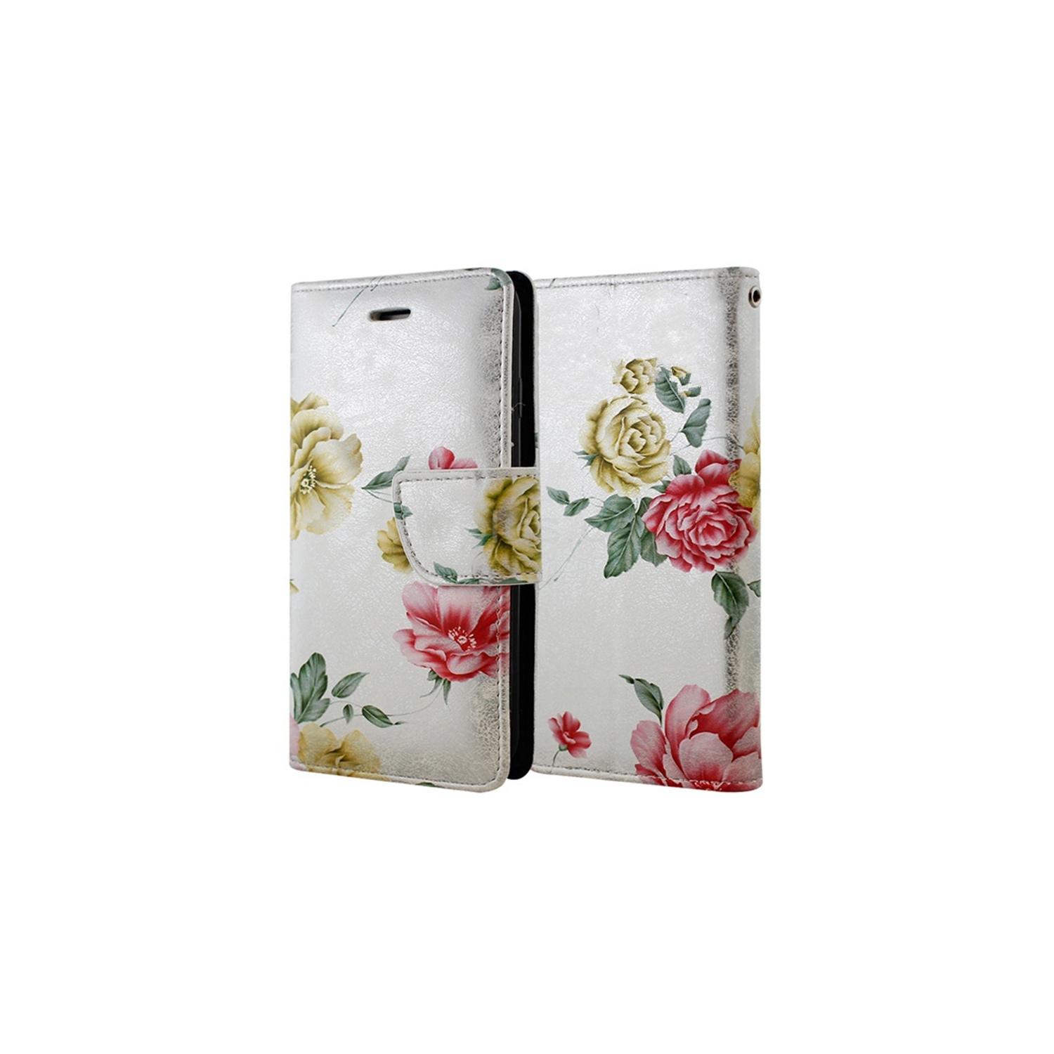 【CSmart】 Magnetic Card Slot Leather Folio Wallet Flip Case Cover for Samsung Galaxy A12 / M12 / F12, Silver Flower
