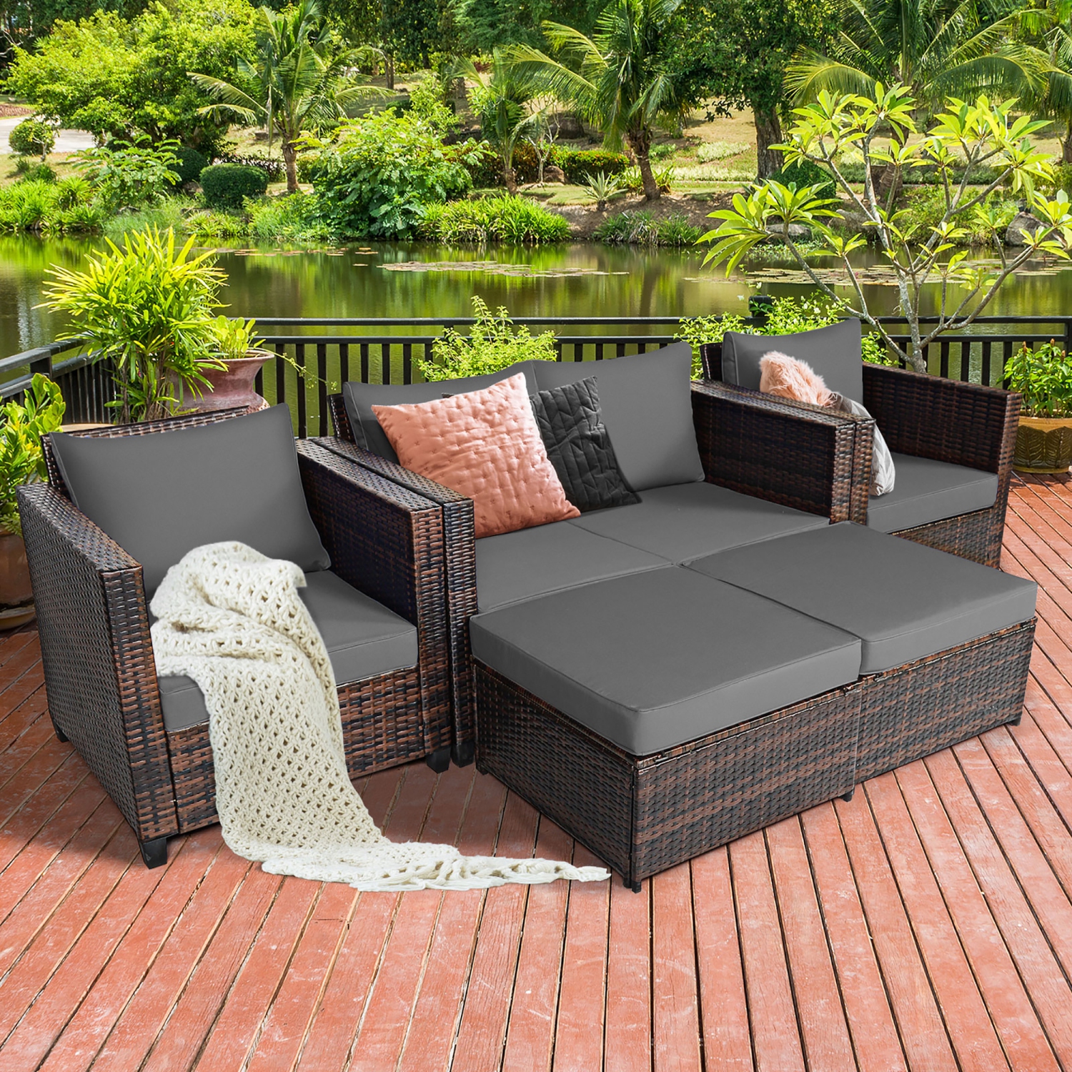 Costway 5PCS Patio Rattan Furniture Set Loveseat Sofa Ottoman Cushioned