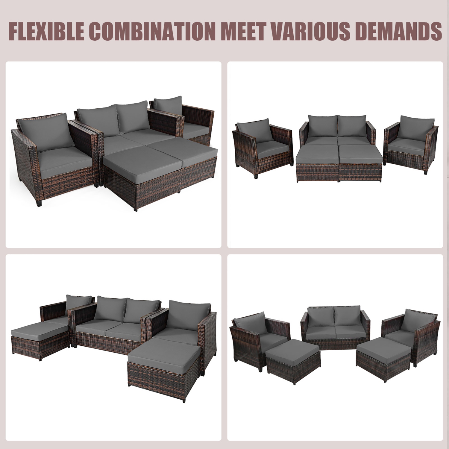 Costway 5PCS Patio Rattan Furniture Set Loveseat Sofa Ottoman Cushioned