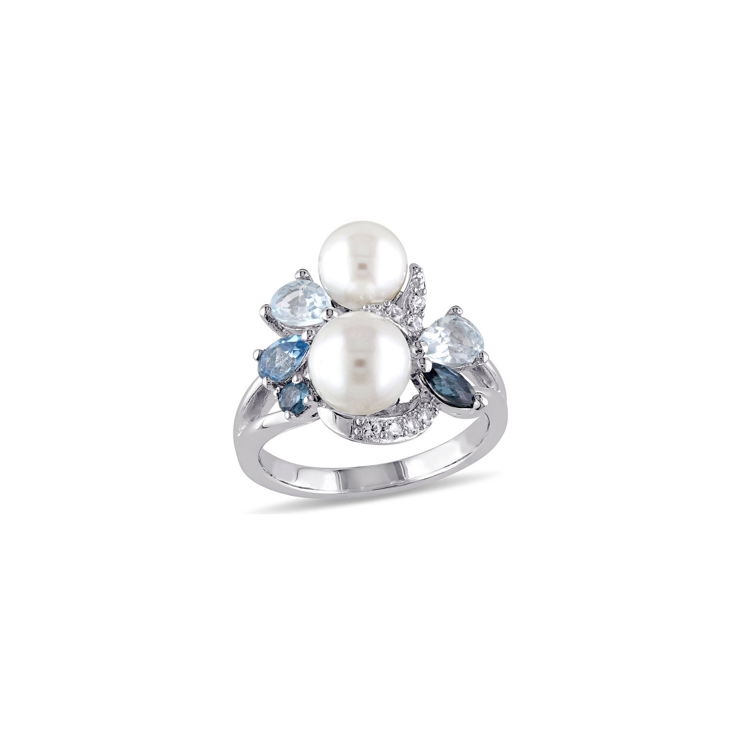 White Freshwater Cultured Pearl with London, Swiss and Sky Blue Topaz and Created White Sapphire Ring In Sterling Silver