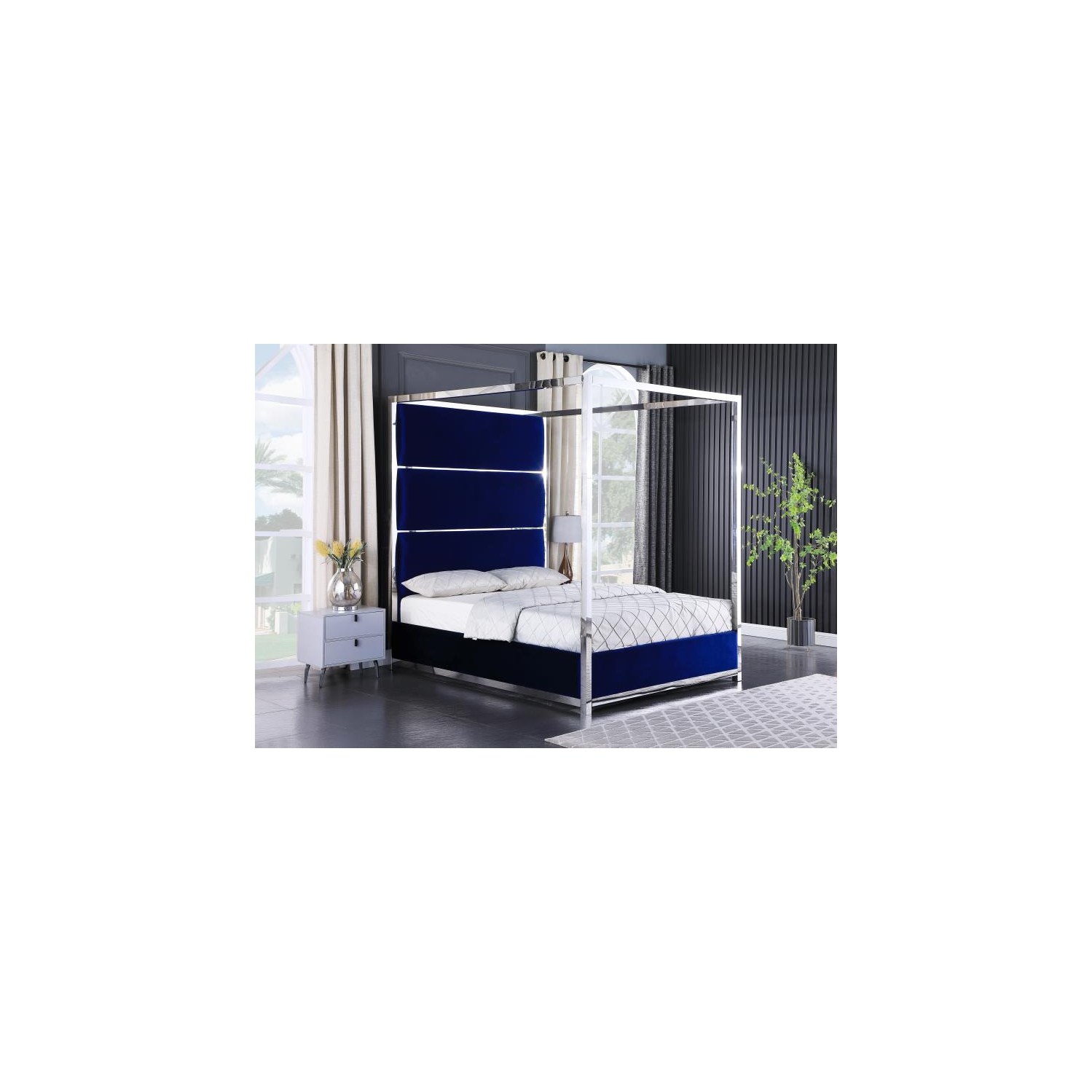 Infinite Imports – Madison Pillar Velvet Blue Bed King Size