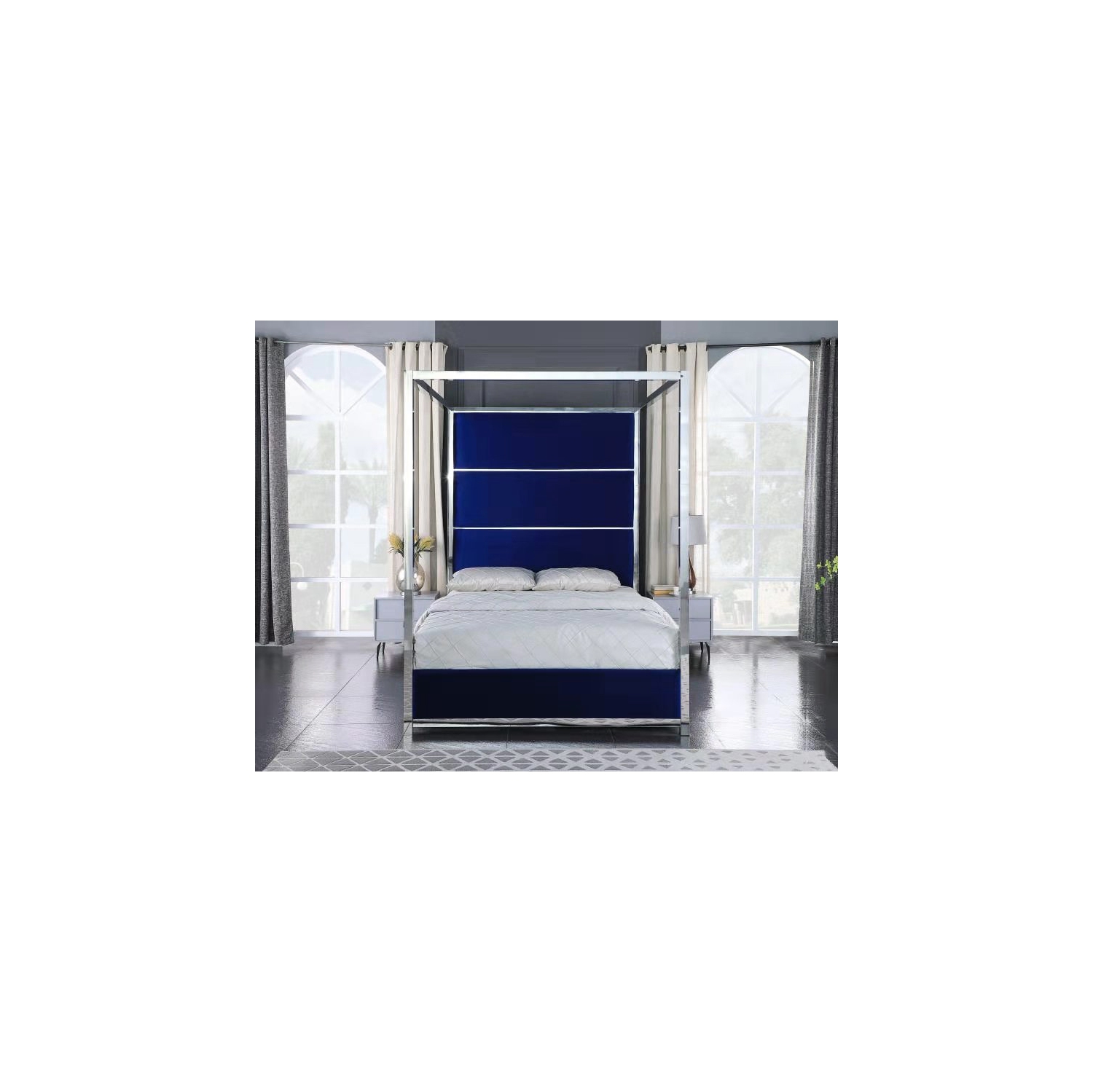 Infinite Imports – Madison Pillar Velvet Blue Bed King Size