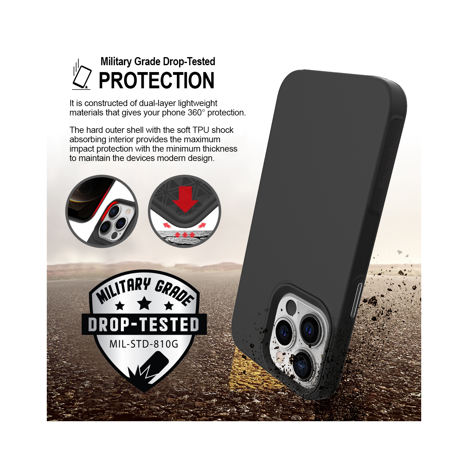 Étui rigide ajusté résistant aux chutes Guardian d’Uolo pour iPhone 13 Pro Max - Noir