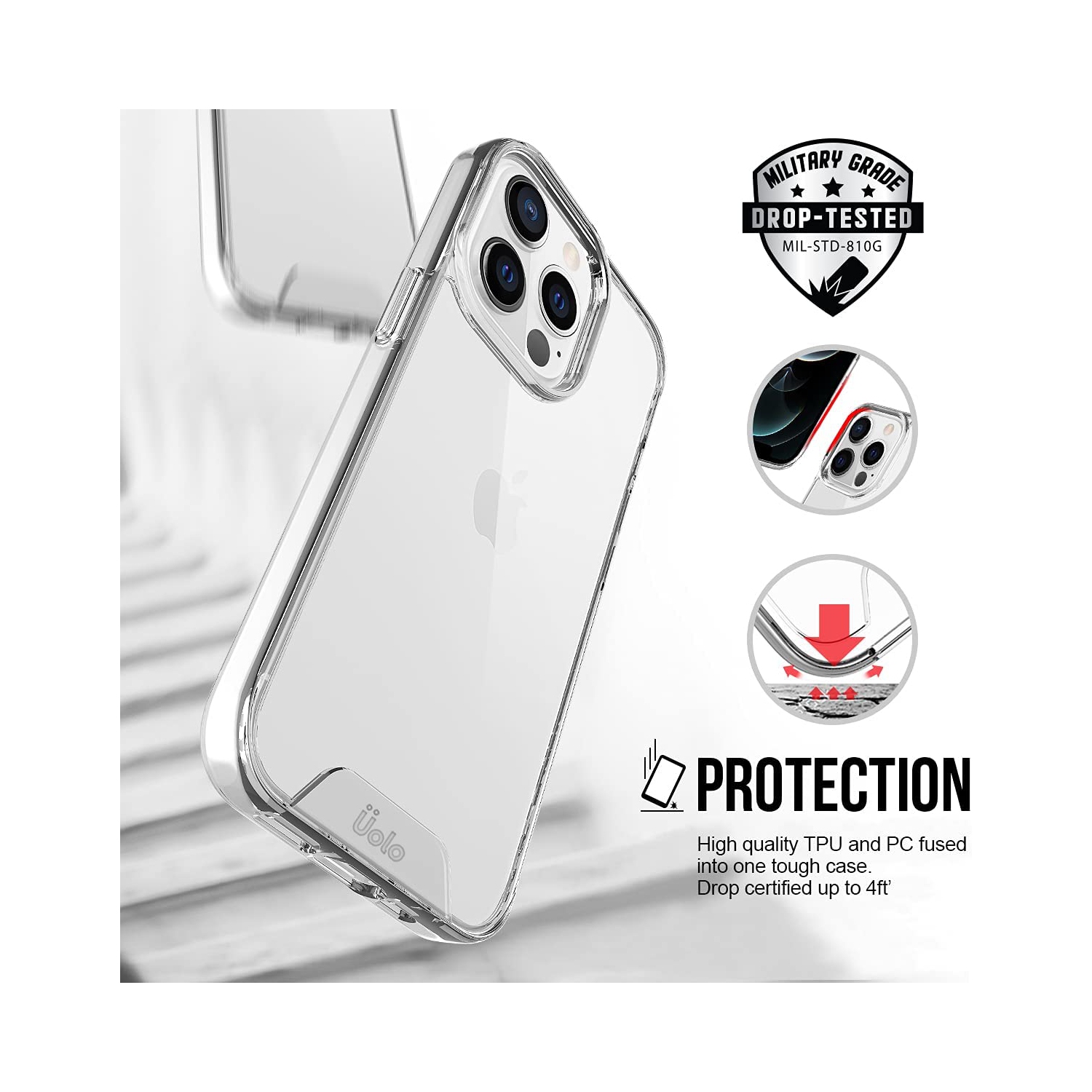 Étui protecteur rigide testé contre les chutes Soul+ [Hybrid TPU] d’Uolo pour [iPhone 13 Pro] - transparent