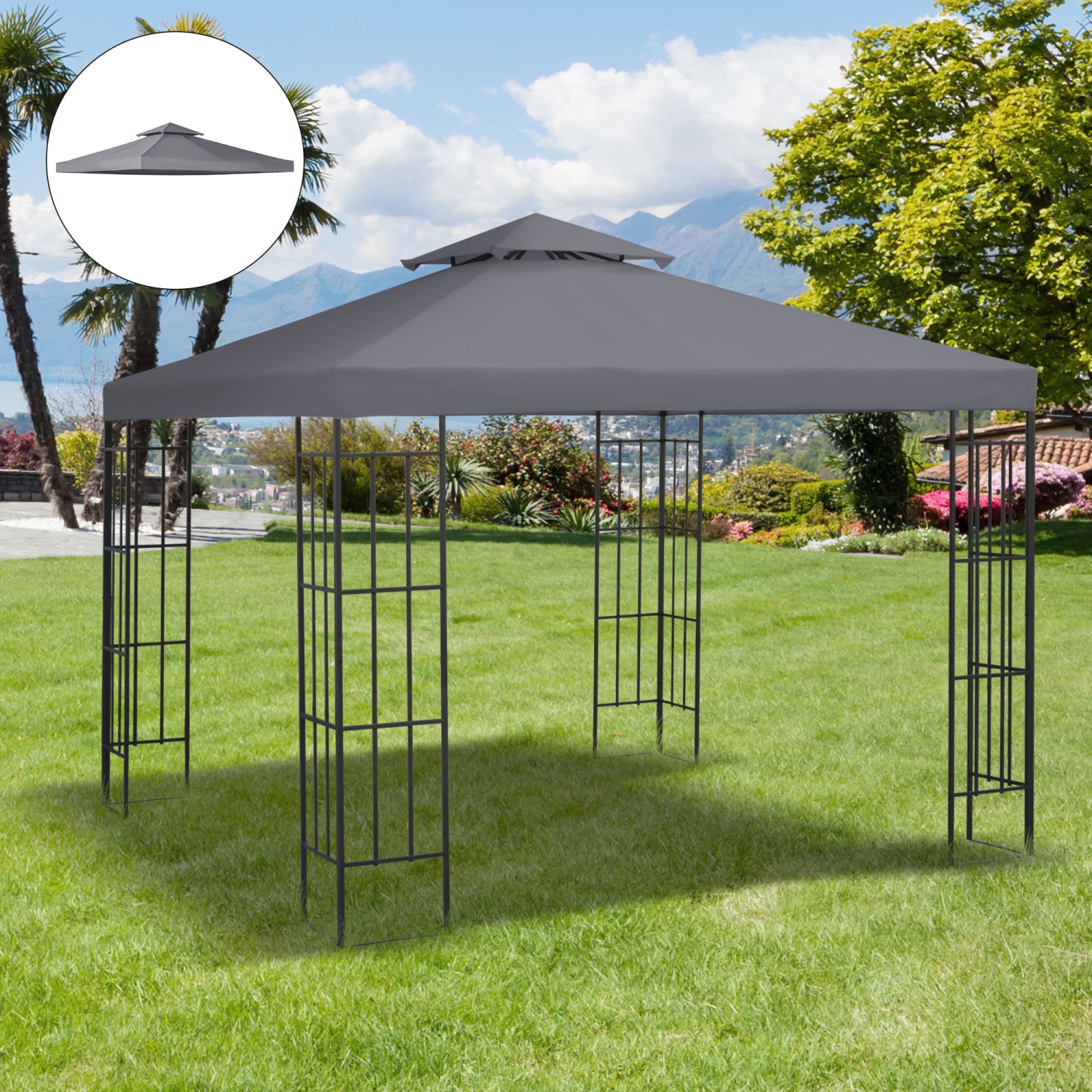 Outsunny 9.84' x 9.84' Square 2-Tier Gazebo Canopy Replacement Top Cover Outdoor Garden Sun Shade, Dark Grey