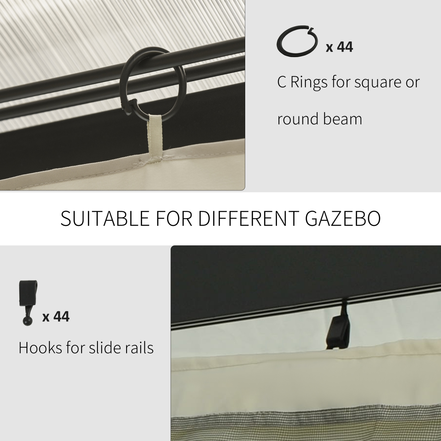 Outsunny Replacement Gazebo Curtains with Zipper, 4-Panel Gazebo Privacy Side Panels Only, for 10' x 12' Gazebos or Pergolas, Hooks/C-Rings Included,