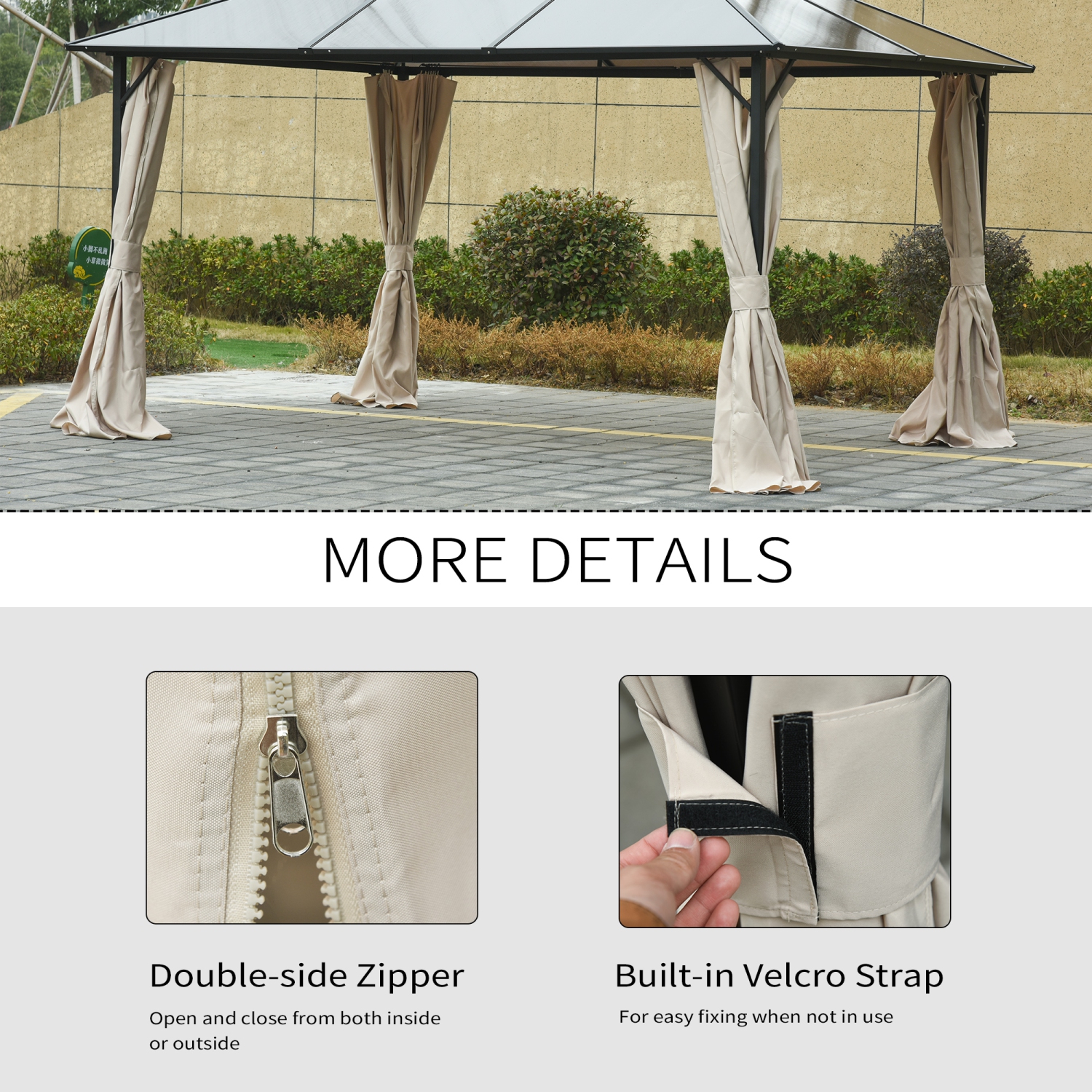 Outsunny Replacement Gazebo Curtains with Zipper, 4-Panel Gazebo Privacy Side Panels Only, for 10' x 12' Gazebos or Pergolas, Hooks/C-Rings Included,