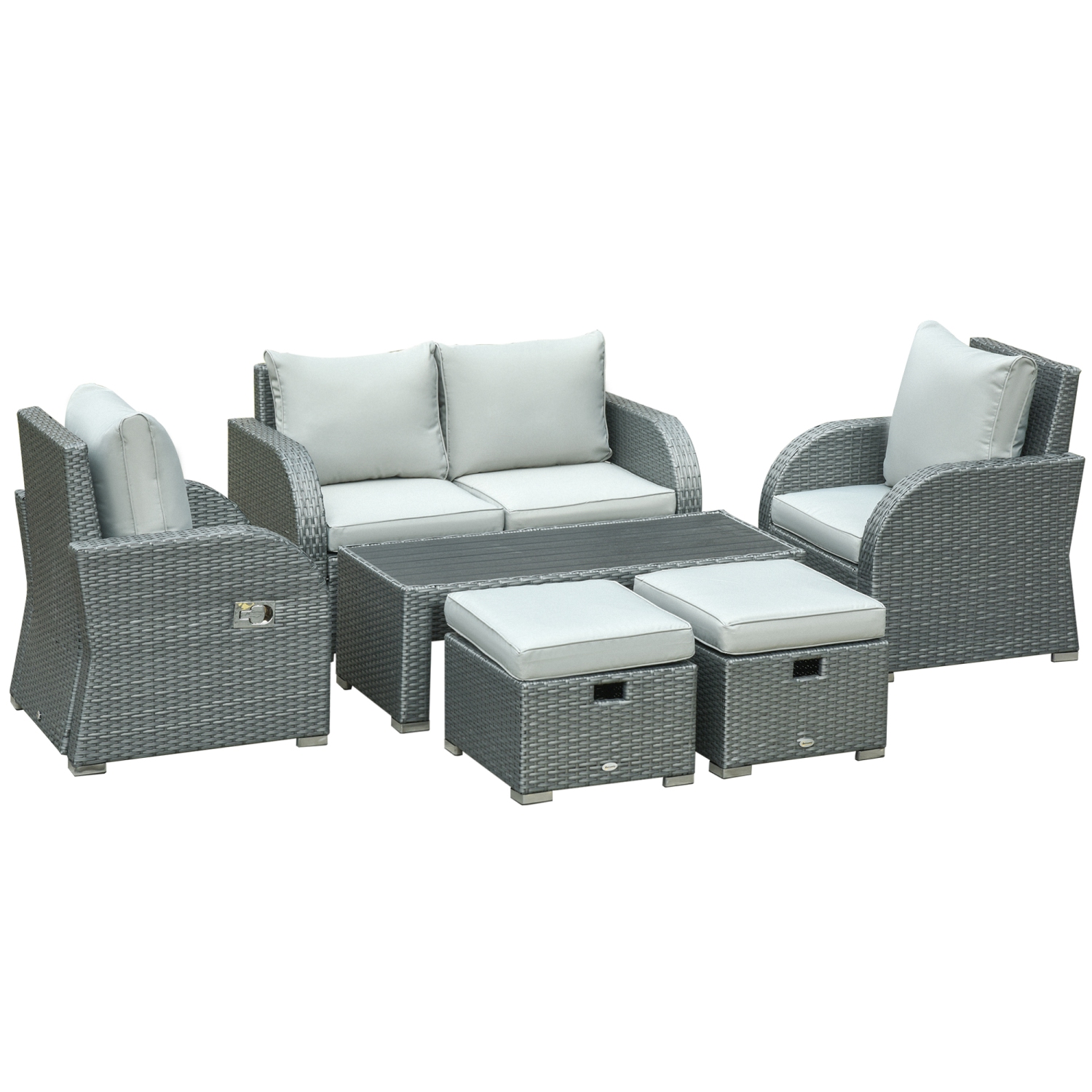 Outsunny Patio Furniture with Thick Cushions, 6 Pieces PE Wicker Patio Sectional Furniture Conversation Set with a Loveseat Sofa, 2 Recliner Chairs,