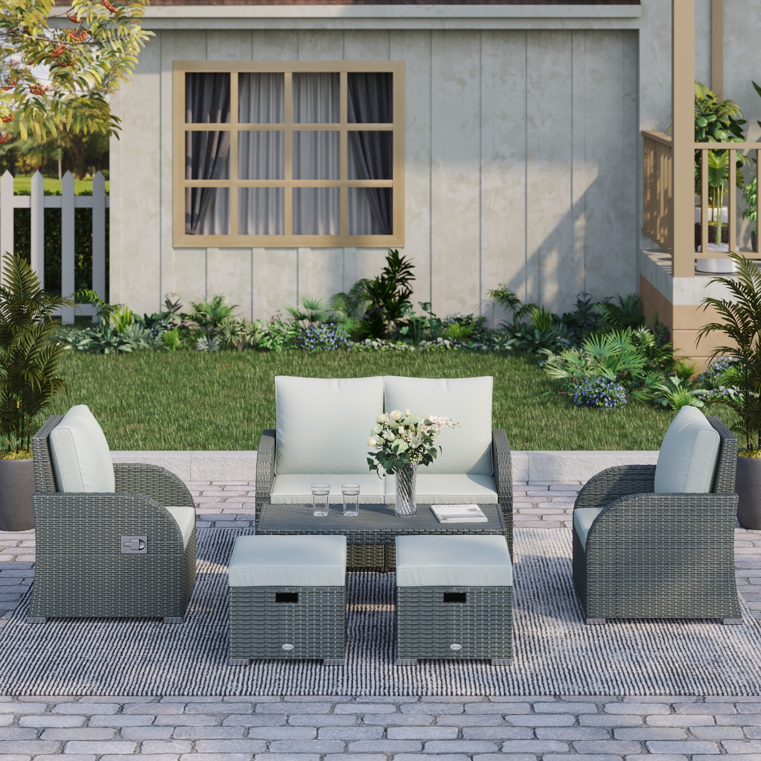 Outsunny Patio Furniture with Thick Cushions, 6 Pieces PE Wicker Patio Sectional Furniture Conversation Set with a Loveseat Sofa, 2 Recliner Chairs,