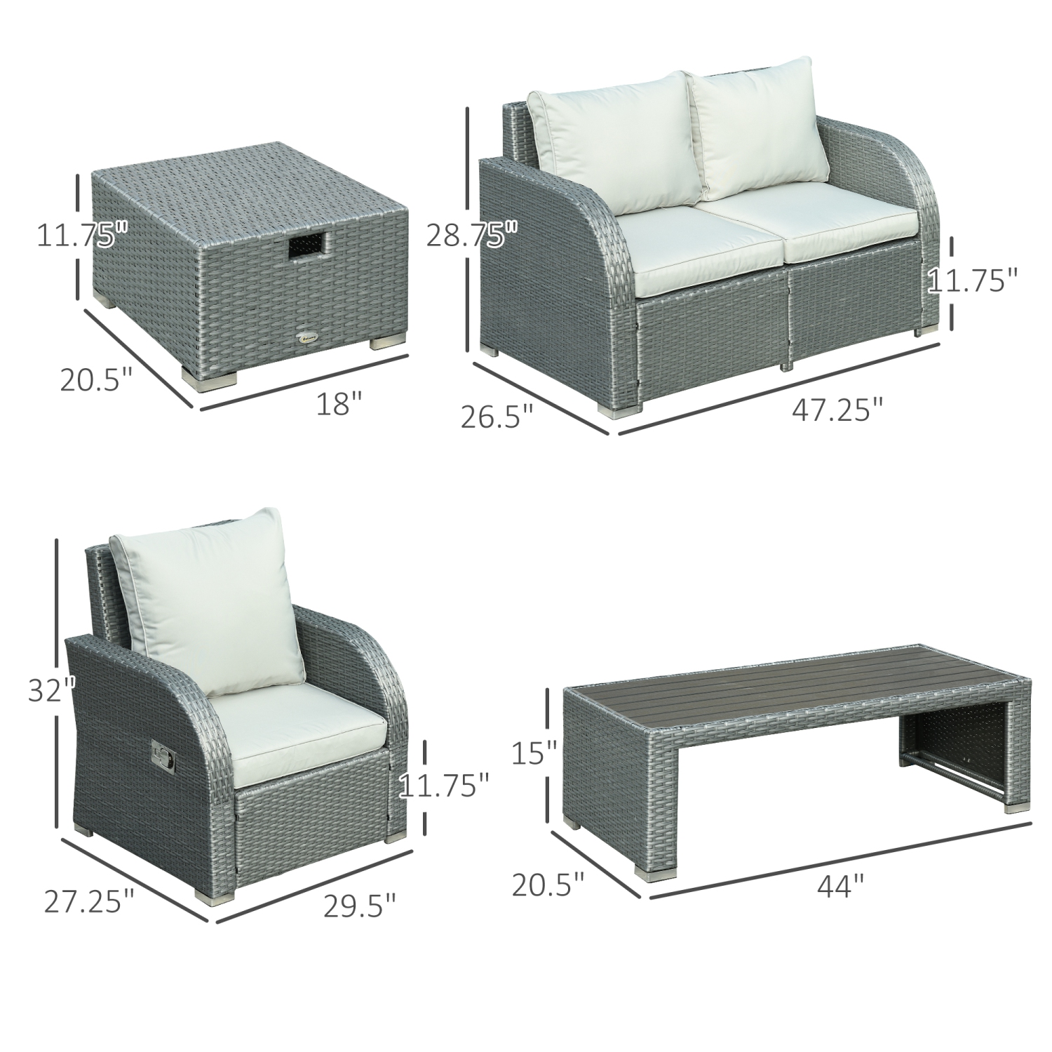 Outsunny Patio Furniture with Thick Cushions, 6 Pieces PE Wicker Patio Sectional Furniture Conversation Set with a Loveseat Sofa, 2 Recliner Chairs,