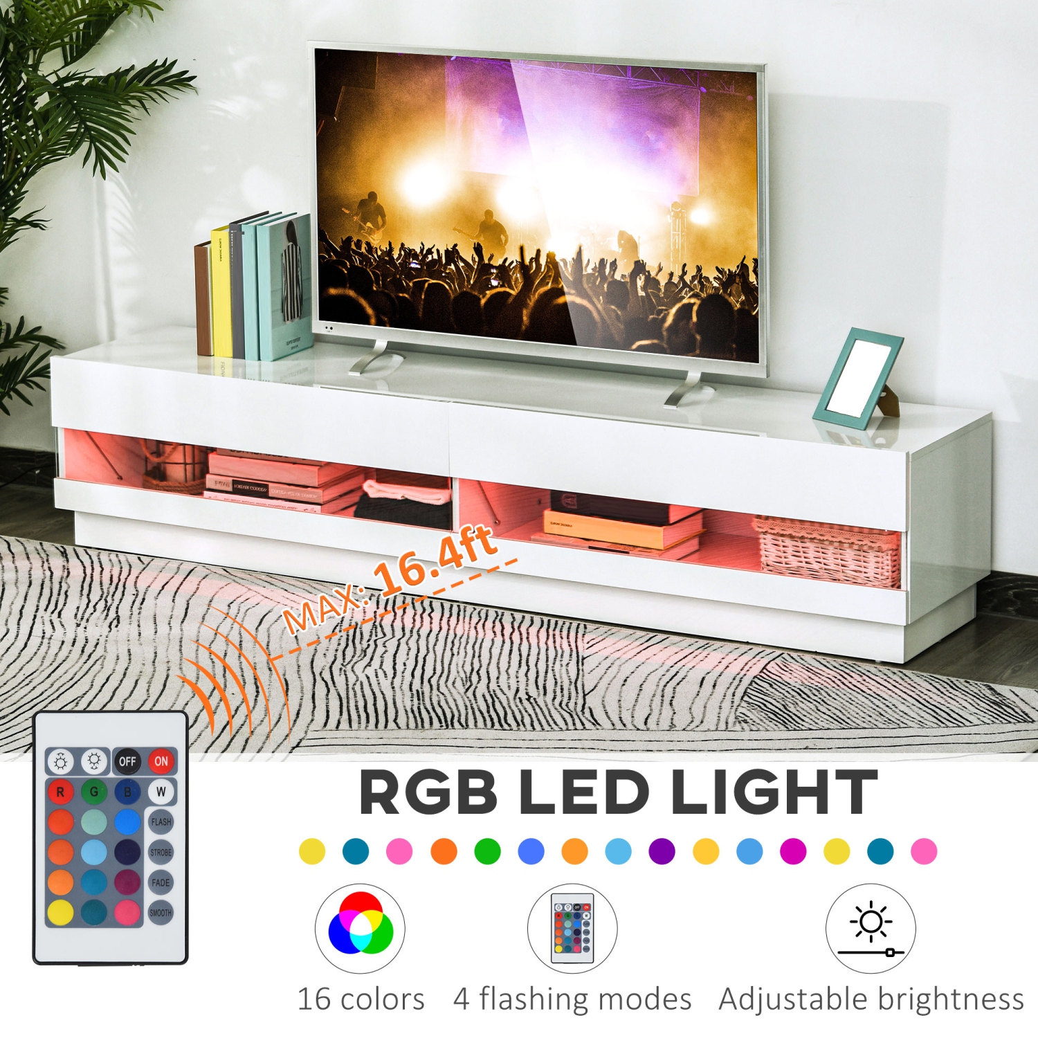 Meuble pour téléviseur mesurant jusqu’à 75 po et doté d’un éclairage à DEL avec rangement de HOMCOM, console multimédia, blanc